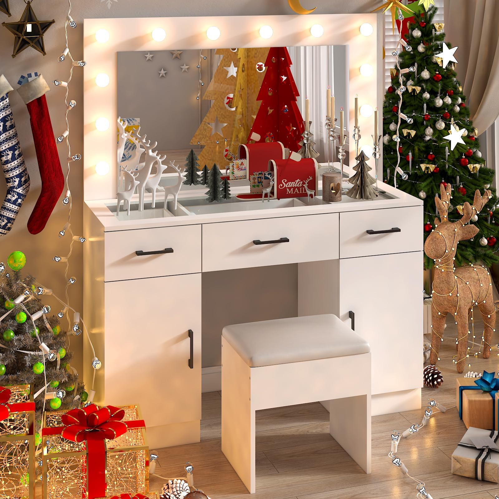 Vanity Desk with Large Lighted Mirror & Powre Outlet, Glass Tabletop Makeup Vanity Set with 3 Drawers & 2 Cabinet, 45.3" Make up Dressing Table with 12 Lights for Bedroom, White