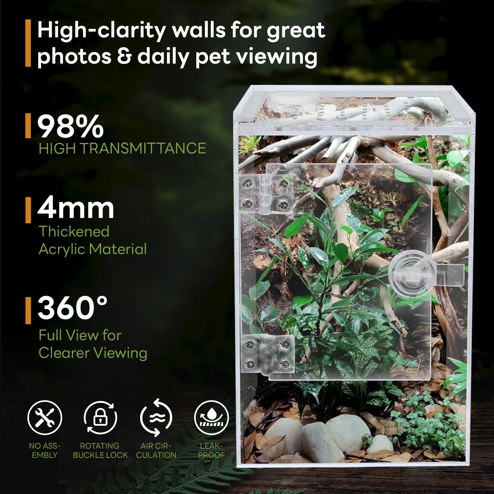 Vordere Öffnung Schnecken Terrarium,360° Rechteck Vivarium15x15x23CM mit Querlüftung,Wasserdicht Acryl Terrarium für Springspinne Gottesanbeterin, Geckos,Laubfrösche, Käfer
