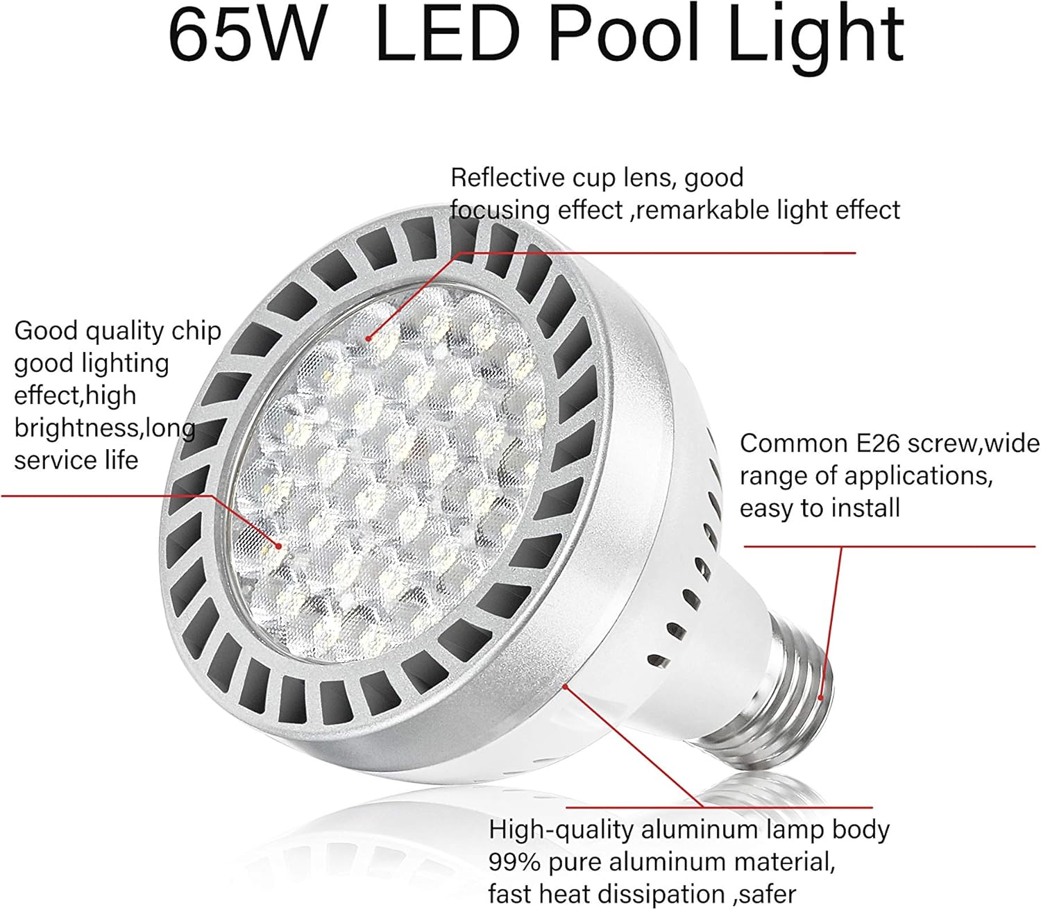 LED Pool Light Bulb 120V 65W Daylight White 6000K Swimming Pool 6000LM Pool Light Bulb Replacement for Most Pentair Hayward Light Fixtures (Pool 65W)