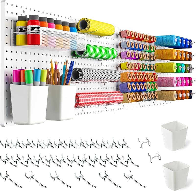 FZK Modular Plastic Peg Board Wall Organizer Kit, 16x16, White | Features 33 storage accessories, heavy duty 200 pounds capacity, suitable for craft room, kitchen and office wall