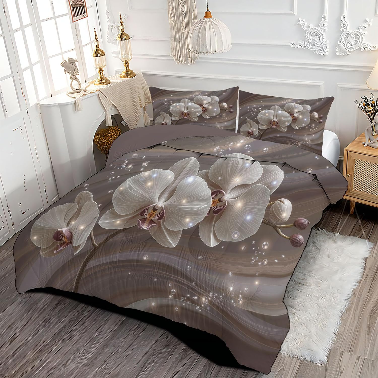 Simple and Understated Luxury Quilt Set King 3 Pieces, Light Brown Quilts Bedding Set 3D Orchid Bedspread Bed Cover Lightweight Spring Summer Beds Coverlet for All Season - 104"X90"
