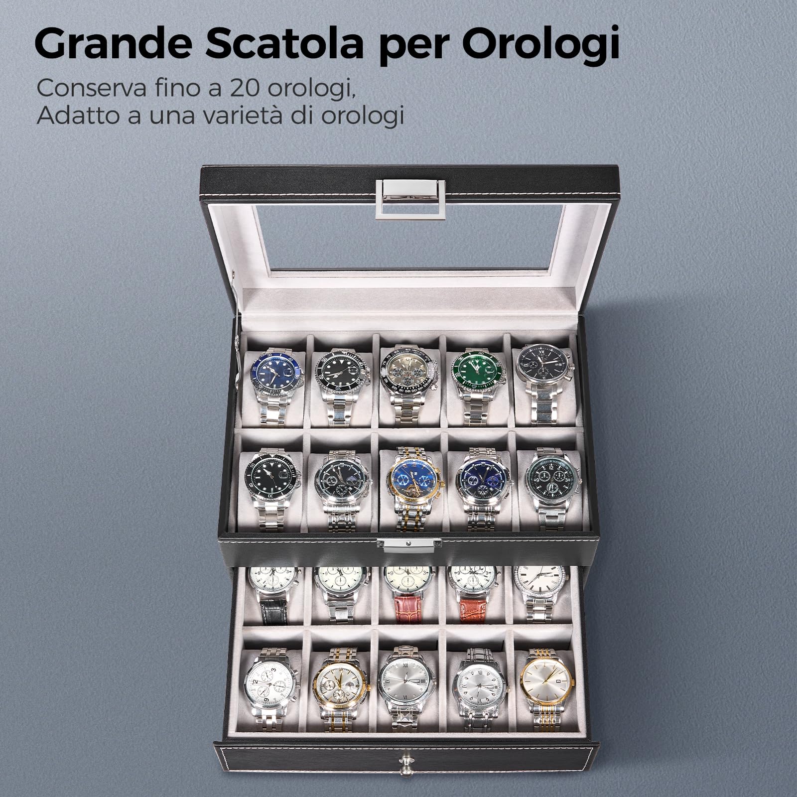 BEWISHOME Scatola per Orologi con 20 Scomparti, Porta Orologi Uomo 2 Livelli Scatola Portaorologi, Rimovibili, Pelle PU Fodera In Velluto, Idea Regalo, Nero ESSH04B
