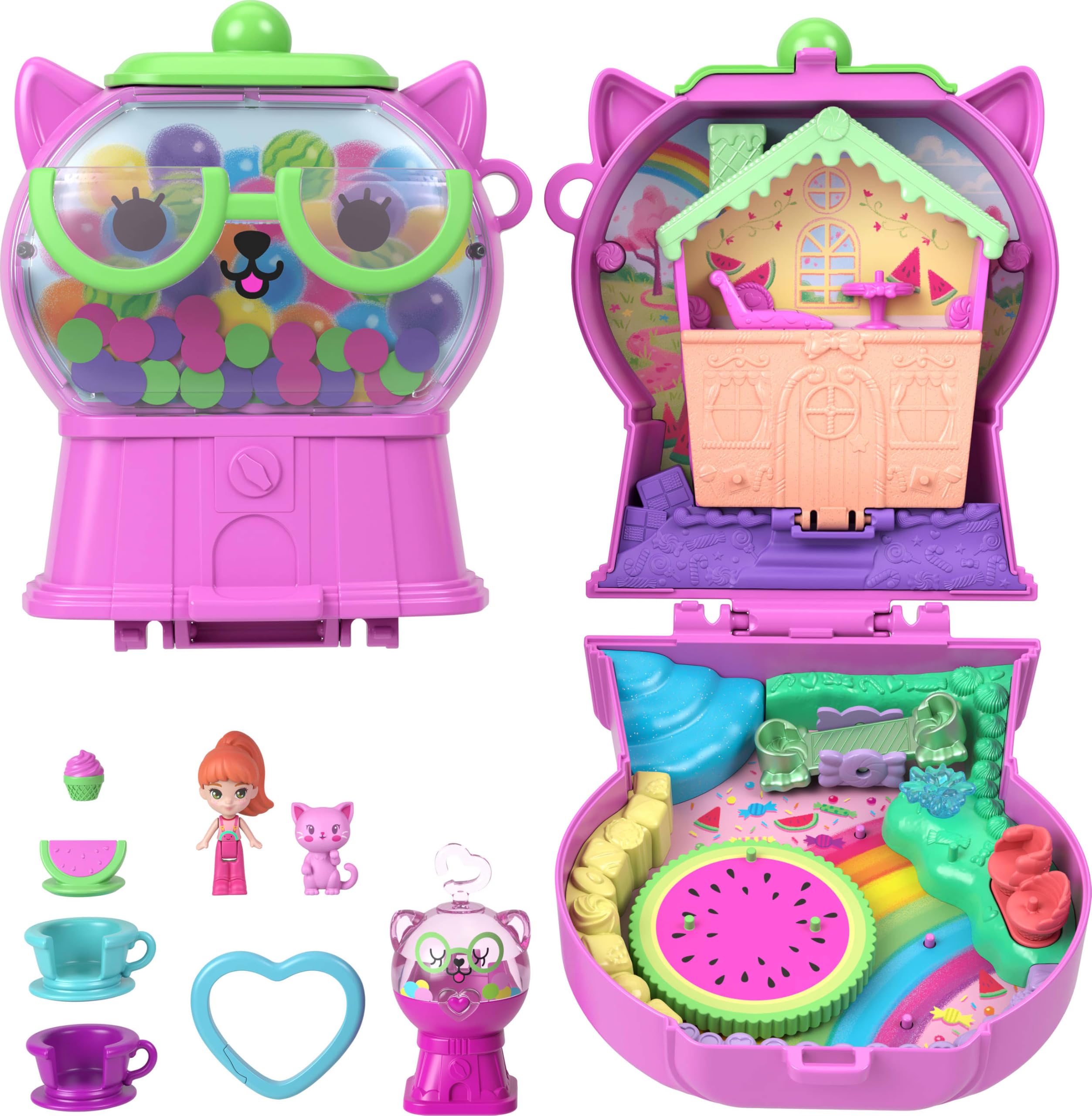 Polly Pocket Dolls and Playset, Gumball Kitty Compact, Travel Toy with 1 Micro Doll, Pet, Teacup & Seesaw Ride
