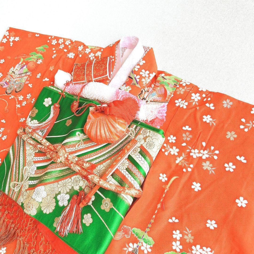 フルセット七五三　7歳女の子　着物＆帯＆簡単半衿＆小物　オレンジ地　比翼　祇園祭 フルセット七五三 7歳女の子 着物＆帯＆簡単半衿＆小物 オレンジ地