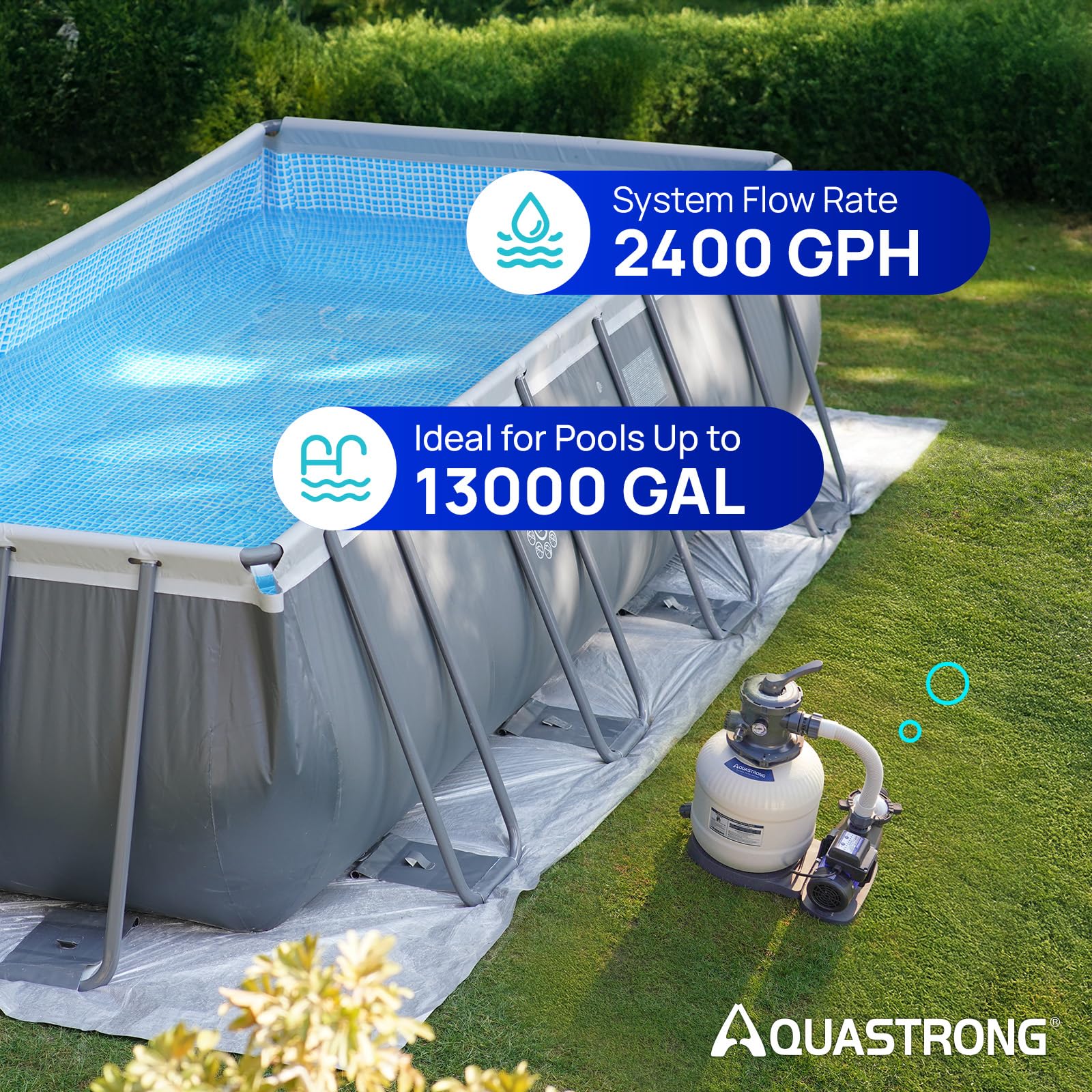 AQUASTRONG Pompe de filtre à sable de 35,6 cm pour piscine hors sol avec minuterie, pompes de piscine hors-sol 2/3 HP 3000 GPH pour piscines jusqu'à 13 000 gall, filtre de piscine avec valve à 6 voies