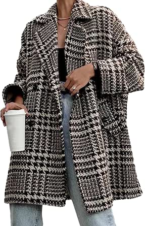 Houndstooth Woolen Coat Thick Loose Autumn Winter Coat Women Thicken Slim Pea Coat