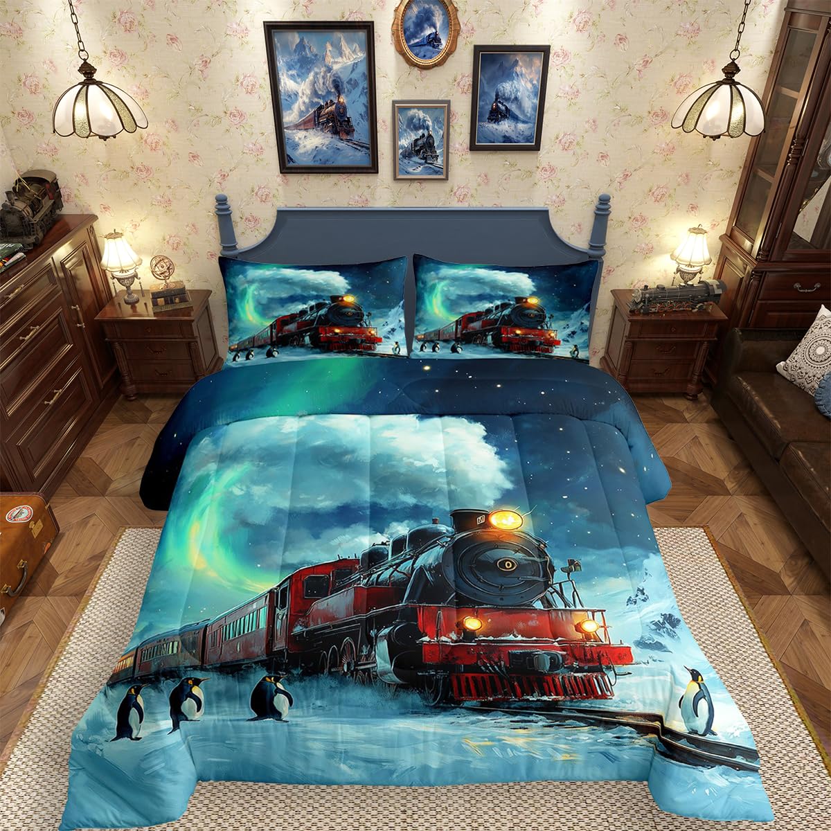 Erosebridal Train Bedding Set Vintage Steam Engine King Size Comforter Set for Boys Men Cute Penguin Green Galaxy Down Comforter,Retro Truck Car Duvet