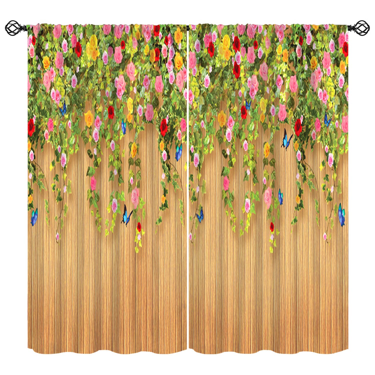 Rose Curtains, Colorful Rose Flower Butterfly Wooden Planks Farmhouse Garden Print Blackout Window Treatments, Rod Pocket Thermal Insulated Drapes 2 Panel Sets for Bedroom Living Room, 72