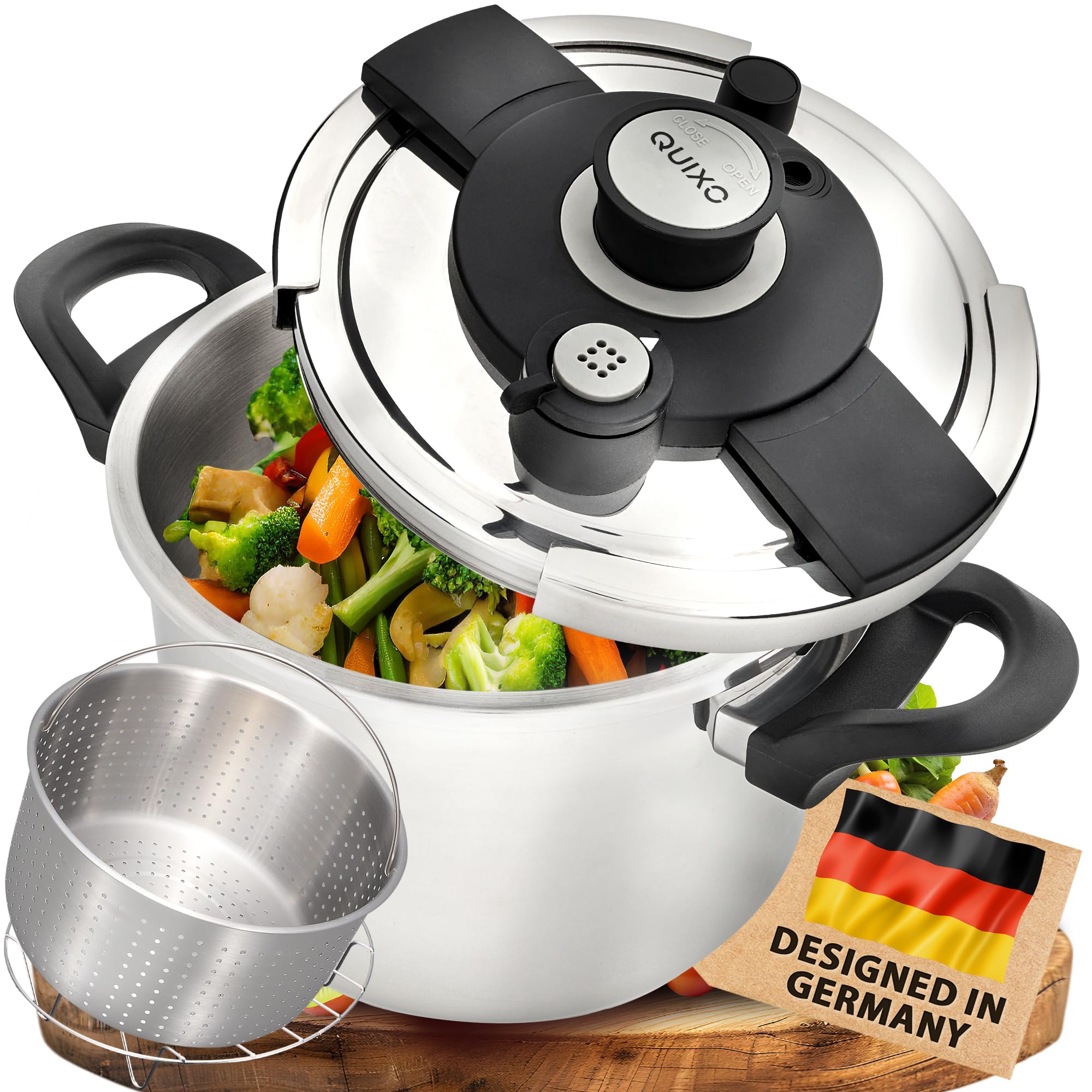 QUIXO Schnellkochtopf 6L VitaSmart mit Kochzeitsignal für alle Herdarten [NEU mit Füllmengenmarkierung] Dampfkochtopf mit 2 Garstufen (6L + Garkorb)