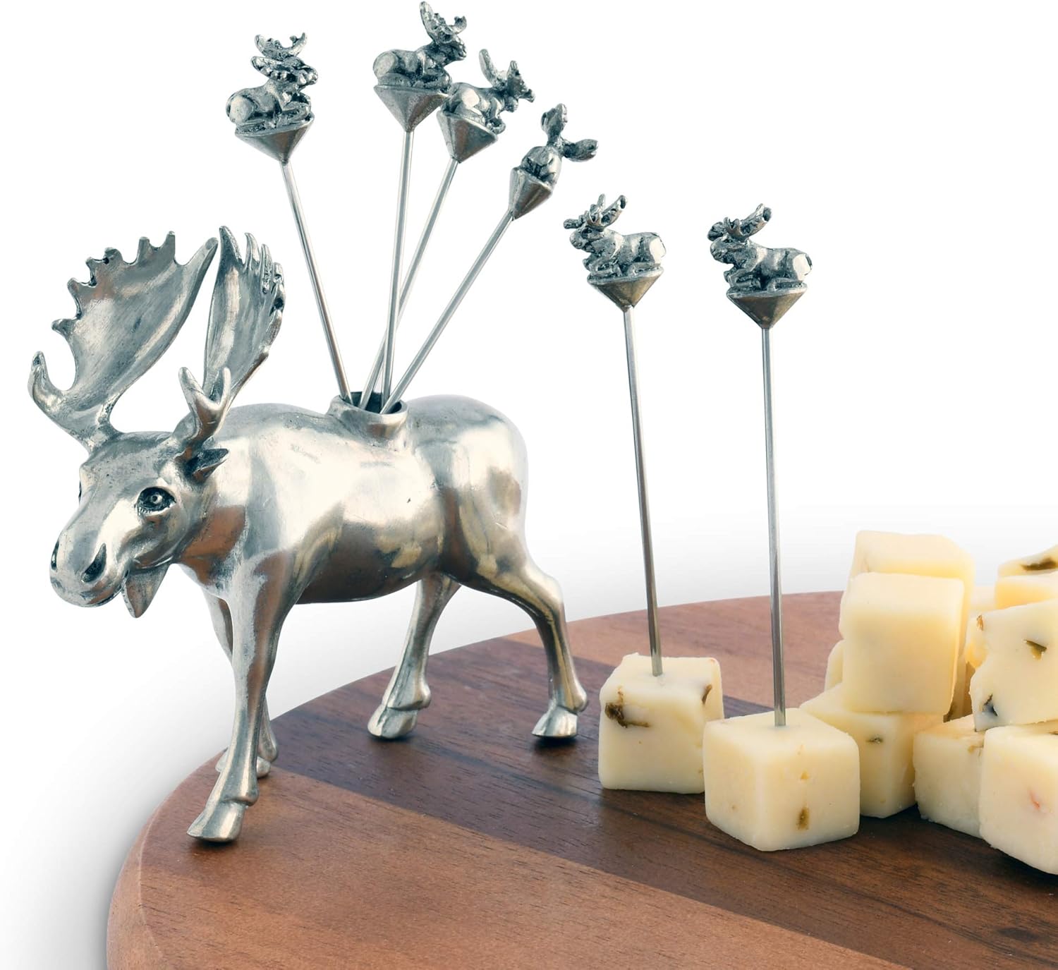 Vagabond House Moose Cheese Pick Set Artisan Designed Handcrafted for Cabin Lodge Entertaining Cheese Martini Olive Cocktail Stainless Steel Skewer Fruit Toothpicks (Set of 6 picks) 4.25 inch Tall