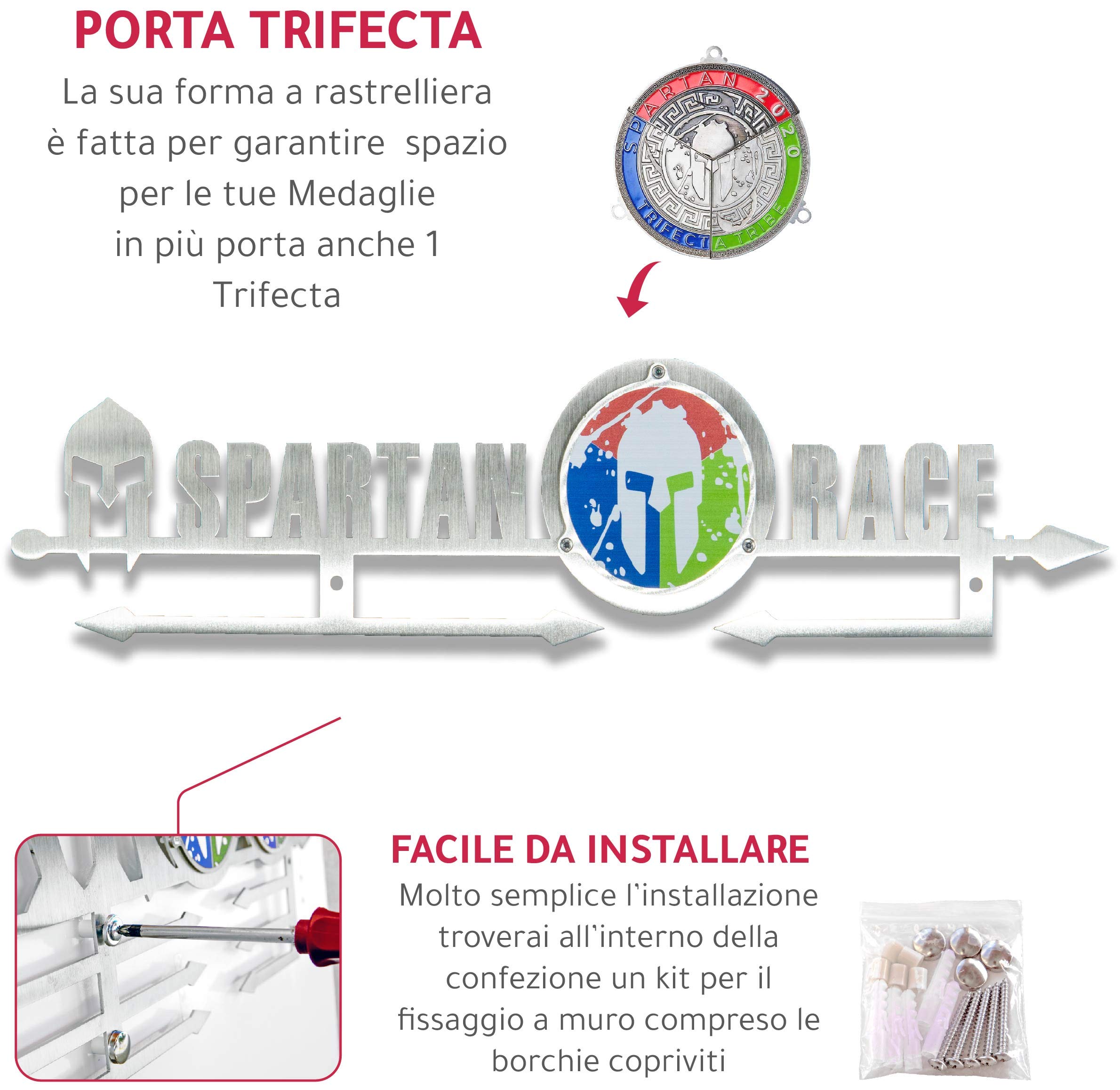 Porta Medaglie Accessori Medal Display da Parete Muro Spartan Race Ocr Medagliere Acciao Inox Spazzolato Trifecta Hanger Gara Medaglia Espositore