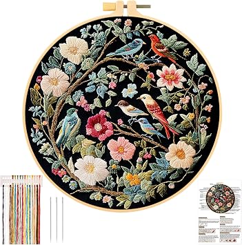 JSRQT Embroidery Starter Kit for Adults Beginners,Full Range of Cross Stitch Stamped Kits with Flower Hummingbird Pattern,DIY Handmade Sewing Craft Needlepoint Kits