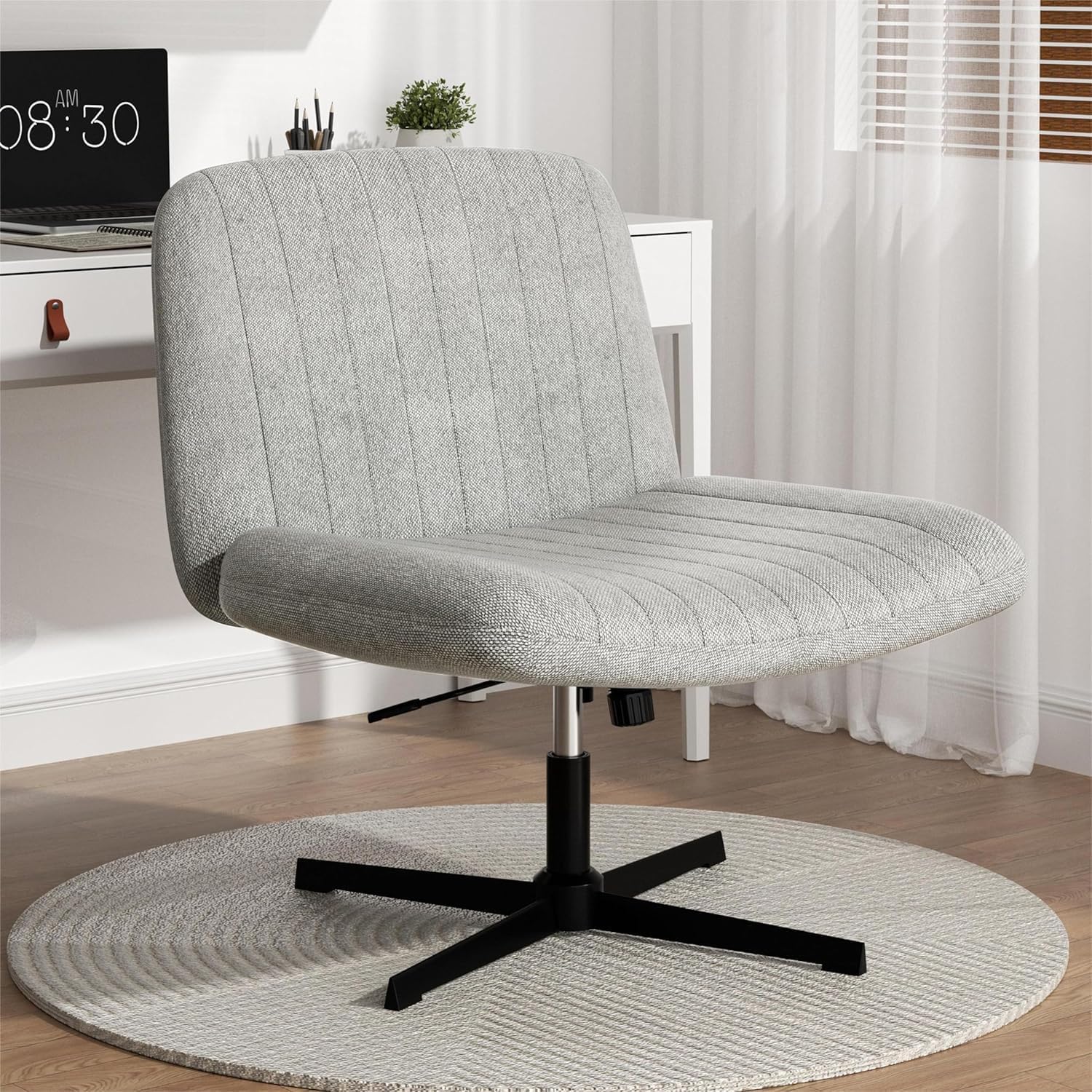 SUNLEI Cross Legged Office Chair, Armless Wide Chair’s for Vanity Desk, Criss Cross Comfy Chairs with Back, Desk Chair/s of Height Adjustable Swivel, Light Grey