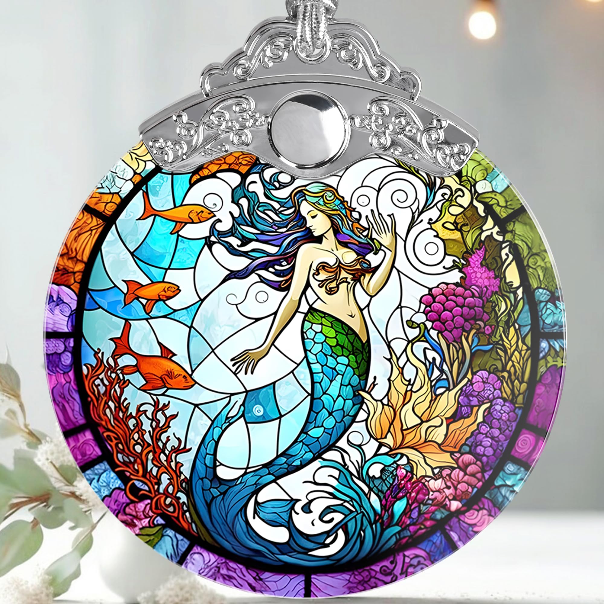 mermaid stained glass ornament - christmas tree decor, mermaid gifts & holiday xmas gifts ideas