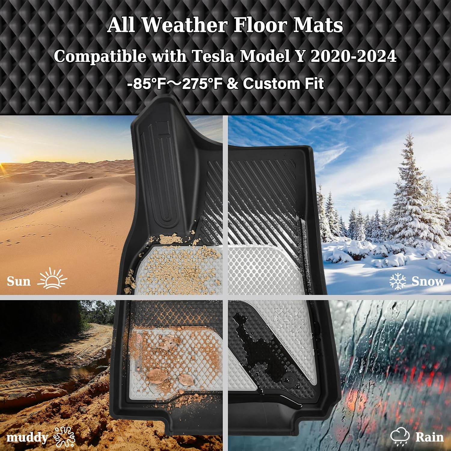 Coverado Floor Mats for Tesla Model Y, All-Weather TPE Cargo Liner Floor Mats Custom Fit Tesla Model Y 5 Seat 2020-2024, Car Mats Full Set Trunk Mats Interior Accessories (3 Pcs)