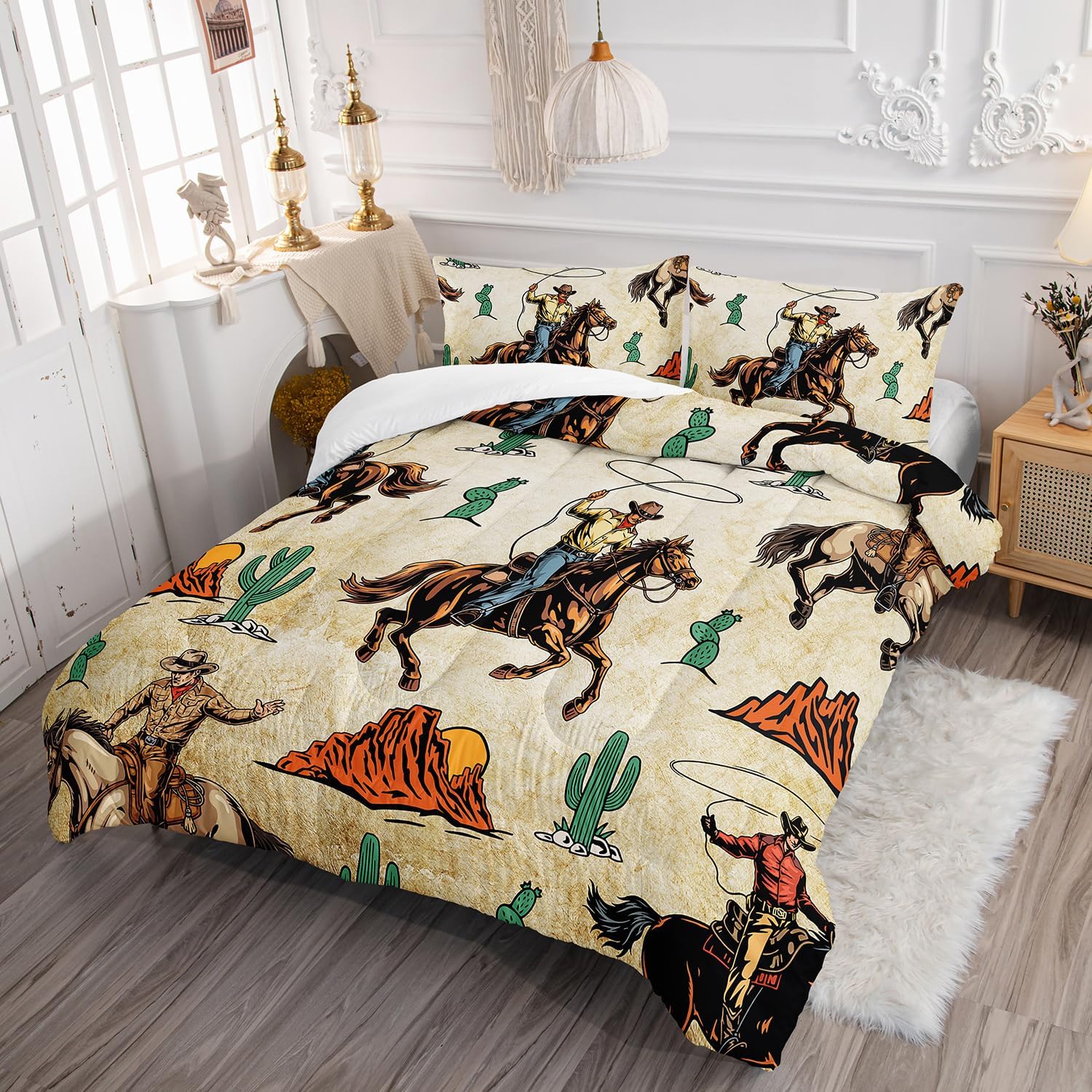 AILONEN Western Cowboy Comforter Set Twin Size, Rodeo Cowboy Riding Bull with Cacti Western Style Bedding Set for Girls Boys Girls,Ranch Jomon Bed in a Bag Duvet Set,1 Quilt and 2 Pillowcases,3PCS - Image 2