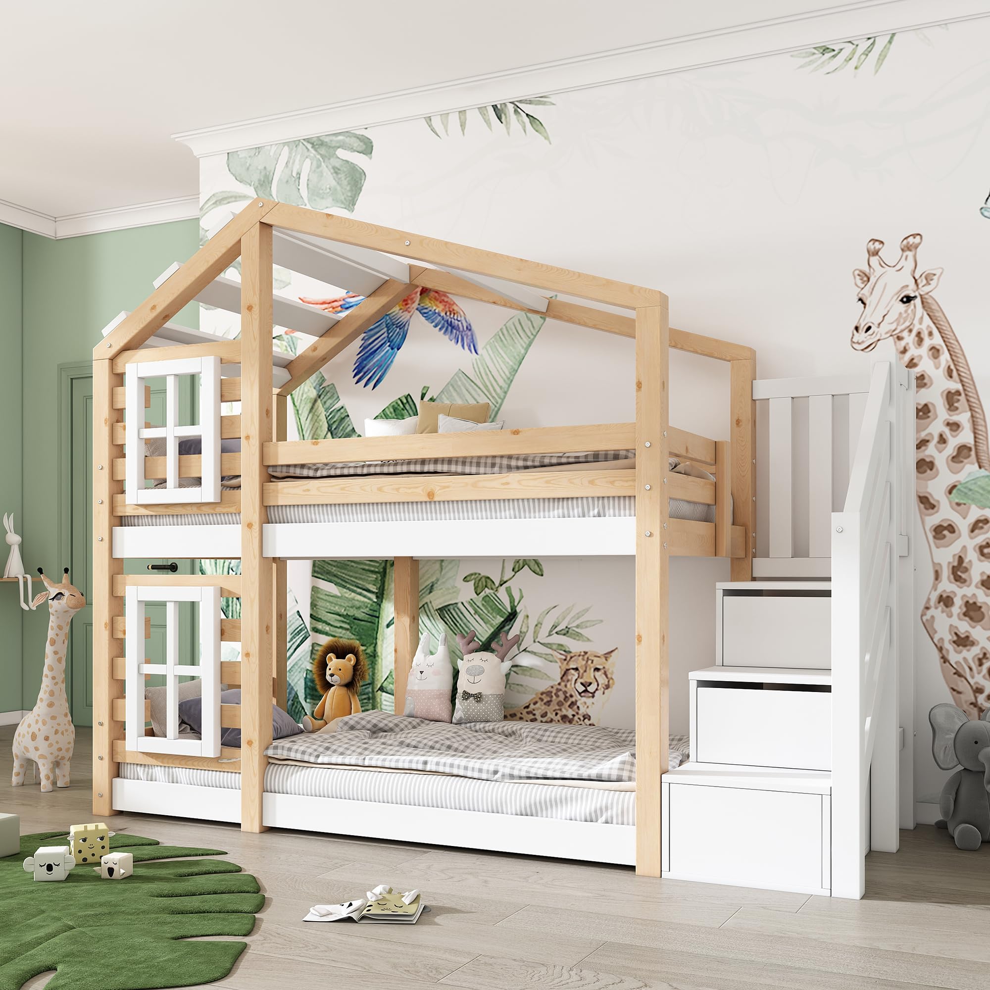 Kehun Etagenbett Kinderbett 90 x 200, Hausbett für 2 Kinder, Hochbett mit Holz Lattenrost, Holzbett mit Schublade und Fenster, Baumhaus Bett mit Rausfallschutz und Treppe, Natur & Weiß, Ohne Matratze.