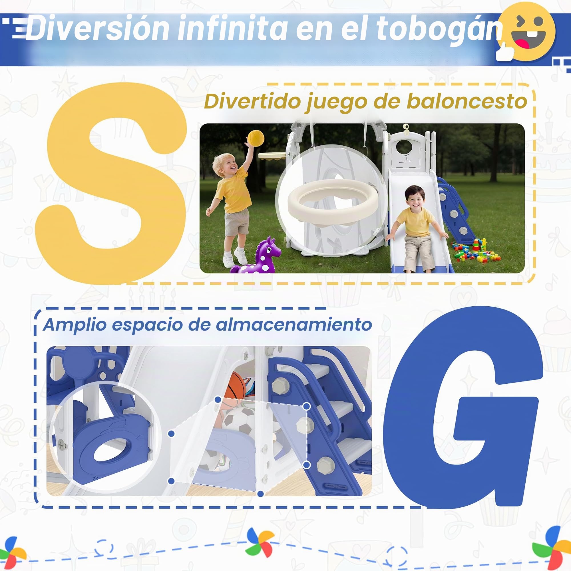 Froadp Tobogán infantil 6 en 1 para niños pequeños a partir de 1 año, interior y exterior, tobogán independiente de HDPE y PP, con columpio, escalera de escalada, espacio de almacenamiento, canasta de