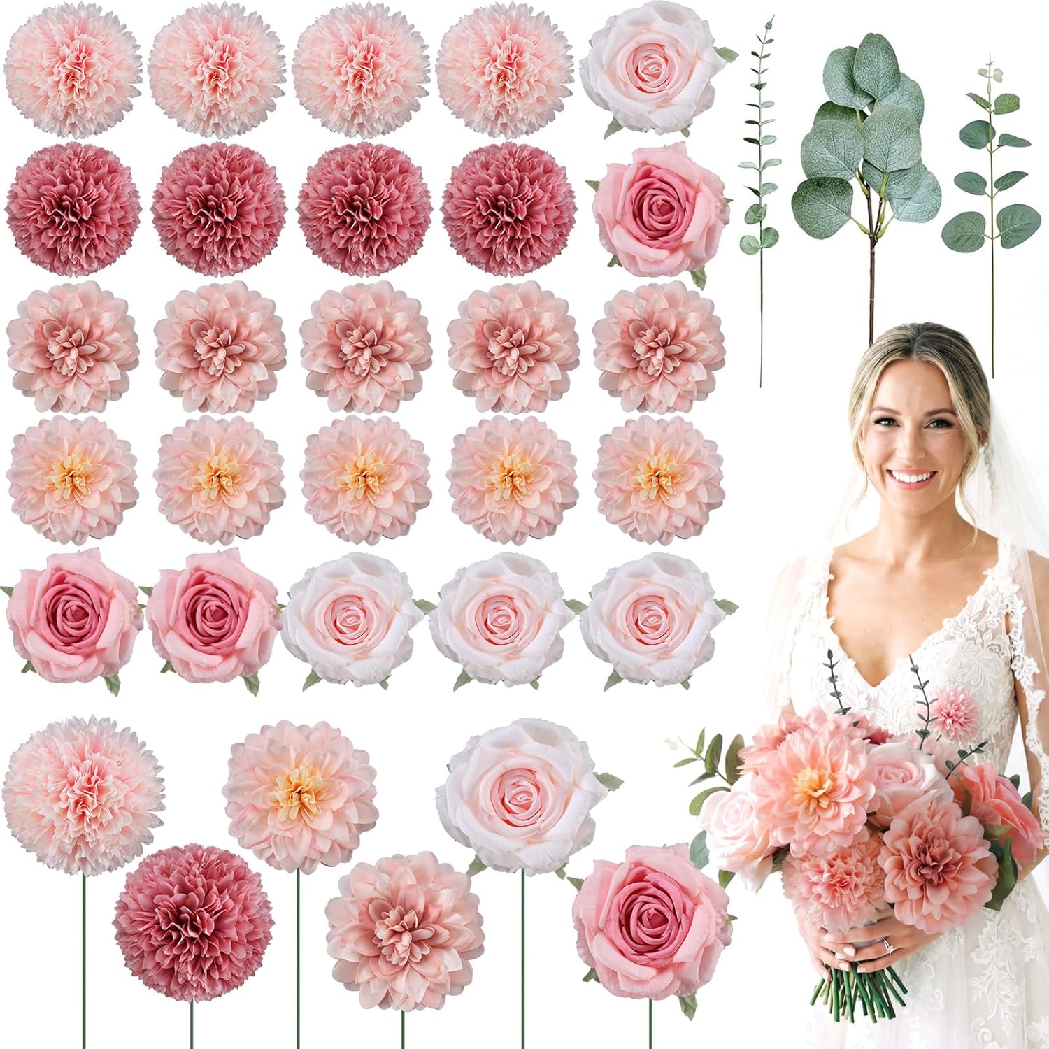XunYee 50 Pcs Fake Artificial Flowers with Stem Eucalyptus Leaves Silk Fake Flowers for Vase Artificial Bouquet Table Centerpiece for DIY Wedding Party Wreath Home Decor(Pink)