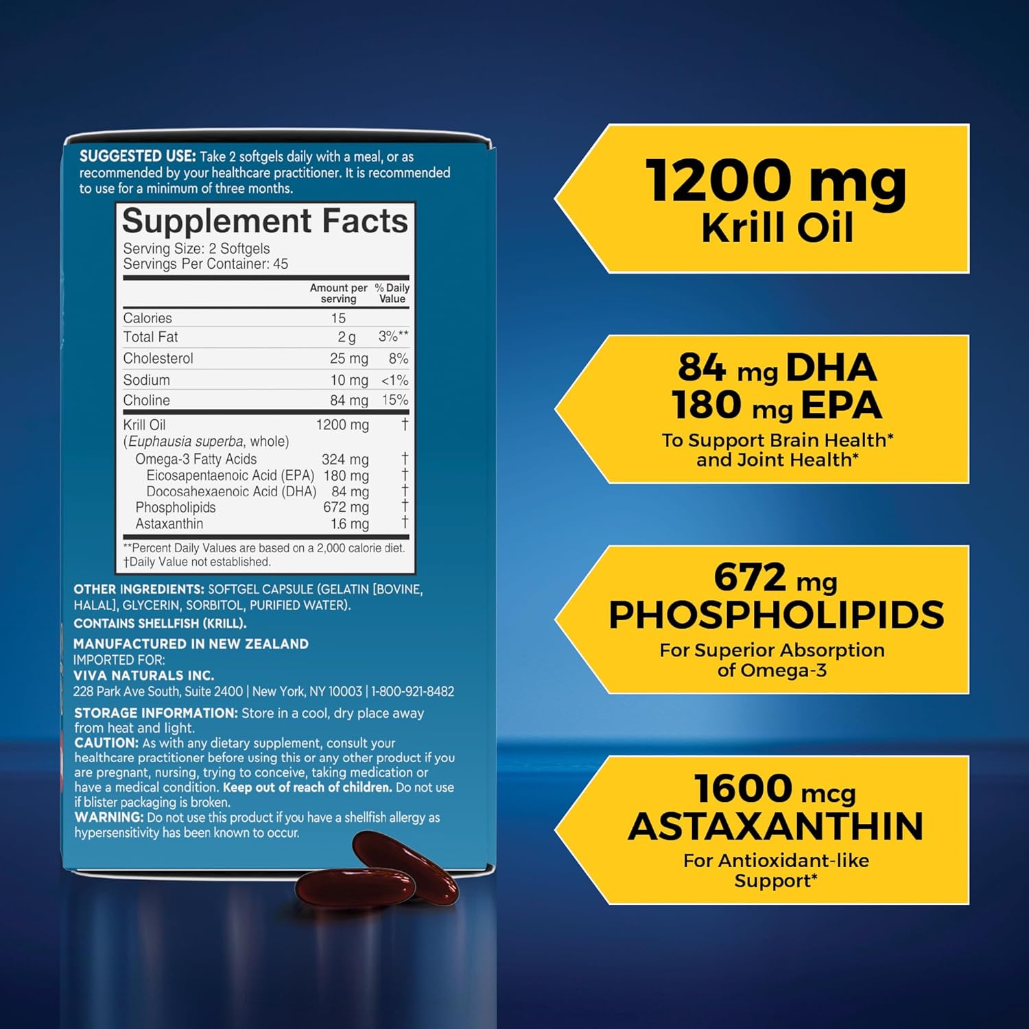 Viva Naturals Antarctic Krill Oil, 1200 mg – Omega-3 DHA & EPA with Astaxanthin for Joint Health, No Fish Burp, 90 Softgels