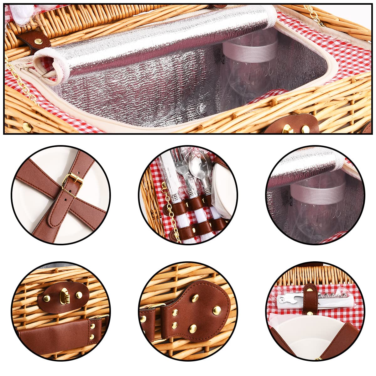 Cesta de Picnic Willow Hamper para 4 Personas, con una Caja de refrigeración aislada y una Manta Impermeable, un Paquete de Servicio de vajilla