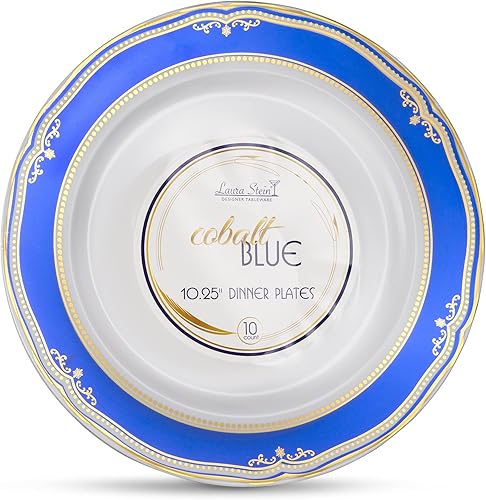 Miniatura 8 de Laura Stein - Platos desechables de plástico pesado de alta calidad con borde azul y dorado para fiestas y bodas, platos desechables de la serie