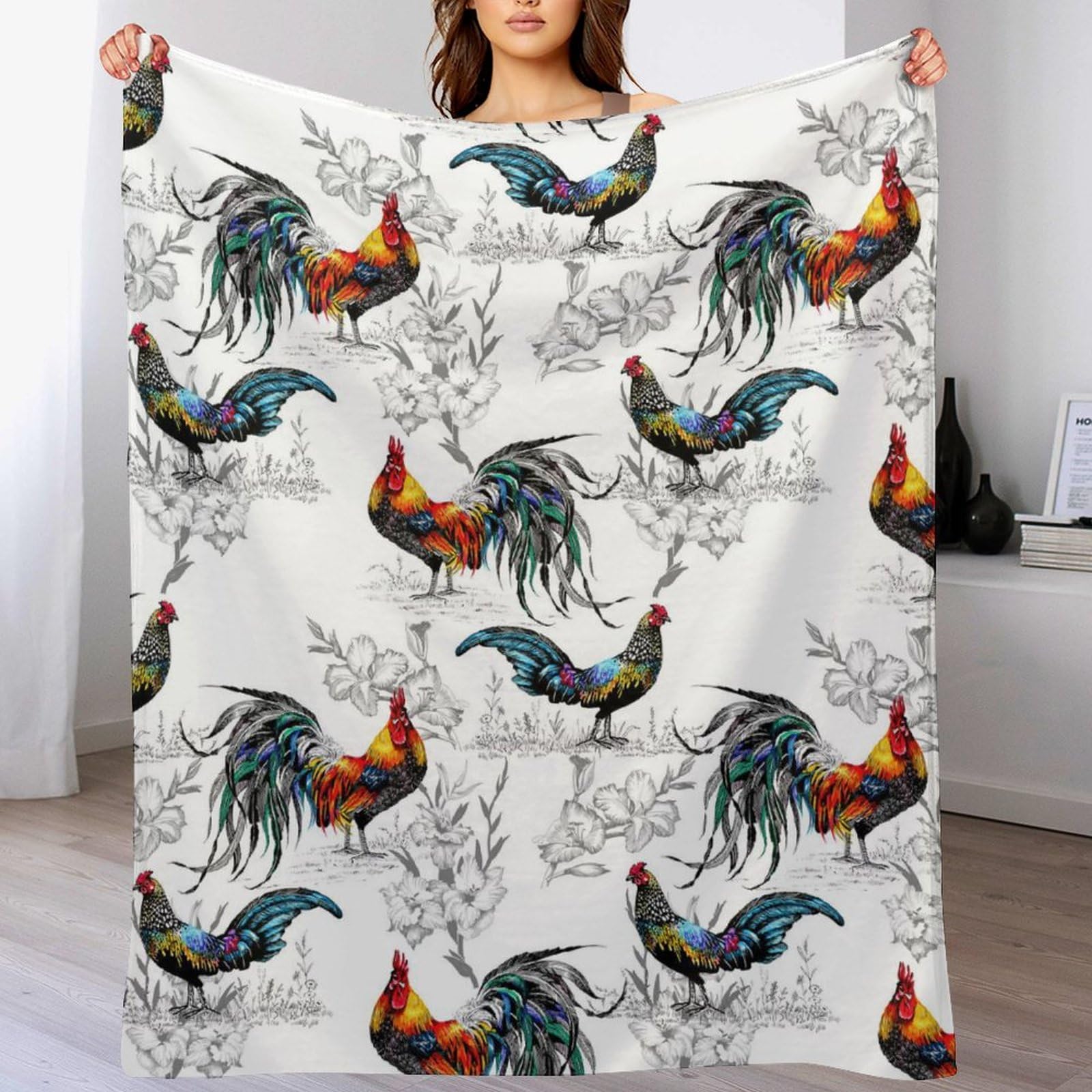 Melbrakin Color175 Watercolor Farm Roosters Flowers White Soft Flannel Travel Blanket, Living Room Home Sofa Decoration Blanket, Dormitory Office Nap Blanket