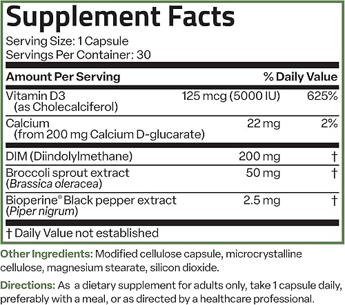 Miniatura 6 de Bronson DIM Balance+ D-glucarato de calcio, brotes de brócoli y vitamina D3 200 mg de DIM por cápsula apoya el metabolismo de estrógeno y los