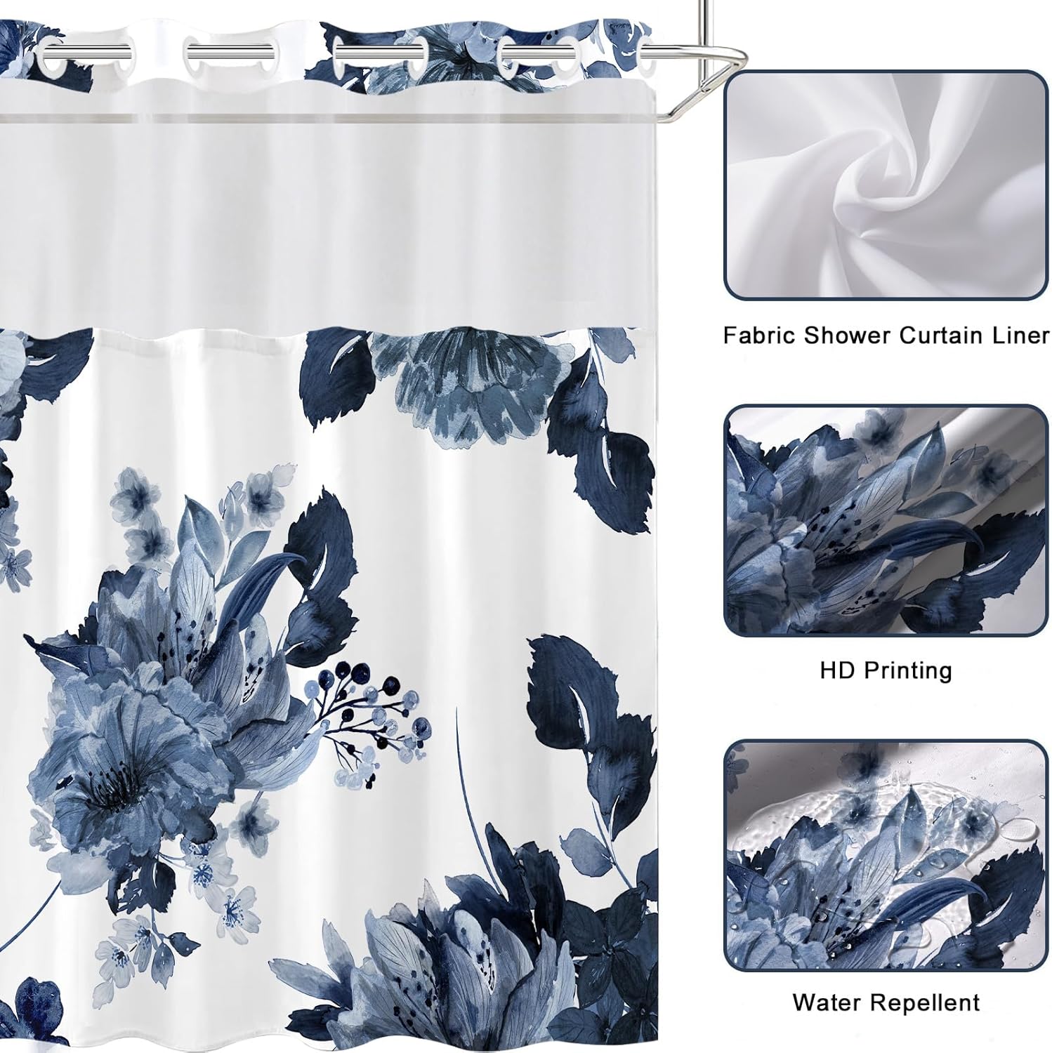 No Hook Shower Curtain and Liner Set, Blue Floral Shower Curtains for Bathroom, Modern Hotel Bathroom Curtain Sets with Snap in Liner, 71x84 Inches
