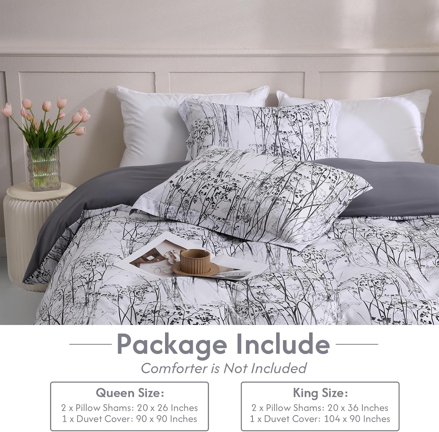 LONAVA King Size 3 Pcs Duvet Cover Set, Microfiber Breathable Soft Deep Grey Lining Comforter Cover with Zipper Closure, Fade Resistant, Winter