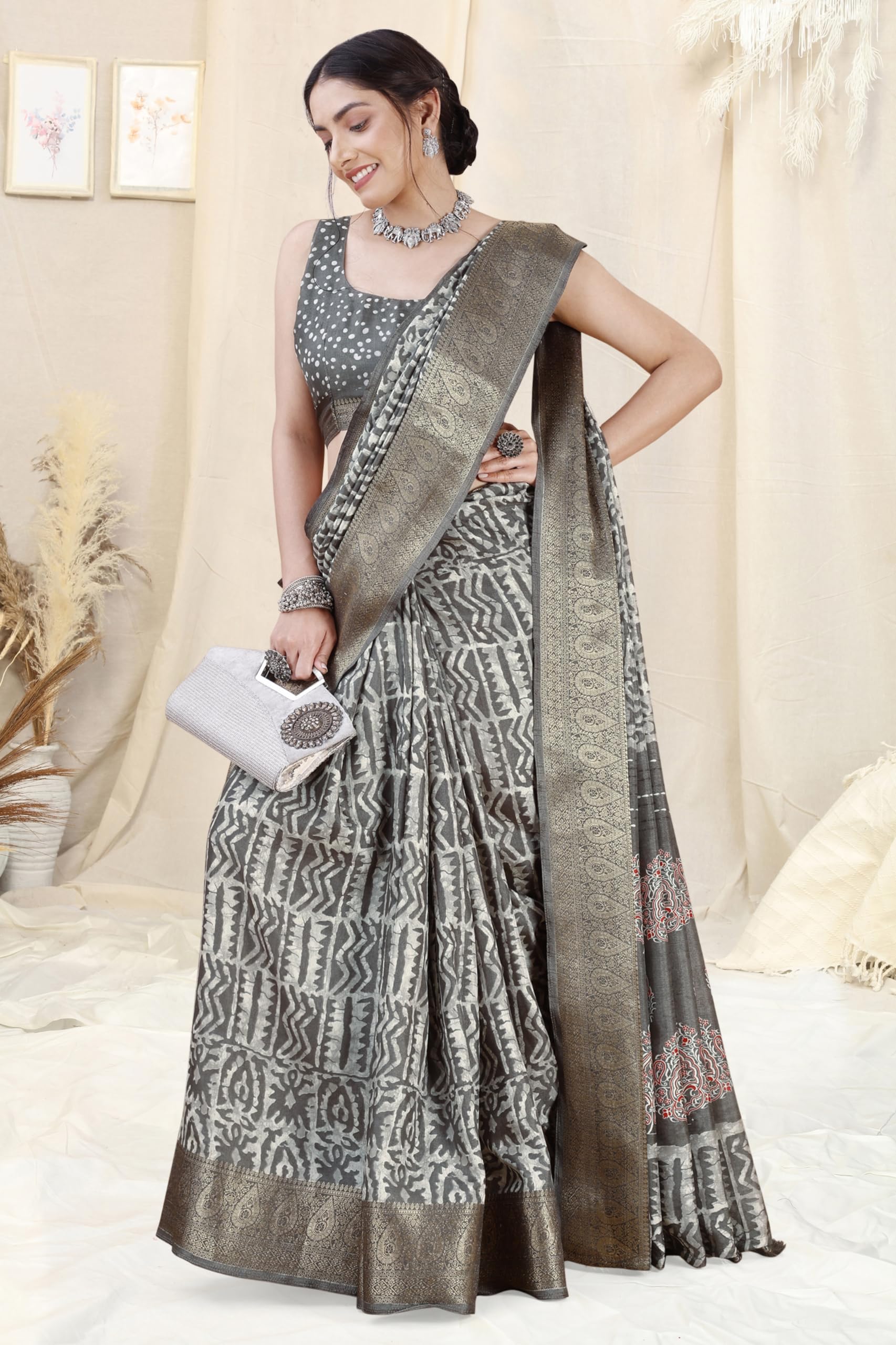 MIRCHI FASHION Women Dola Silk Batik Printed Saree with Blouse Piece (39948 - Grey, Off White) - Image 2 thumbnail