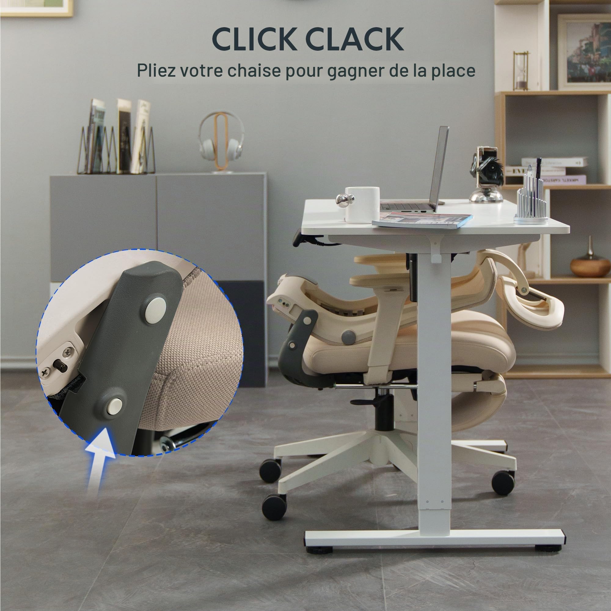 FLEXISPOT Foldex Chaise Bureau Pliante, Chaise Ergonomique avec Support Lombaire, Accoudoirs Réglables en Hauteur, Appui-Tête 2D, Chaises de Bureau avec Repose-Pieds, Beige
