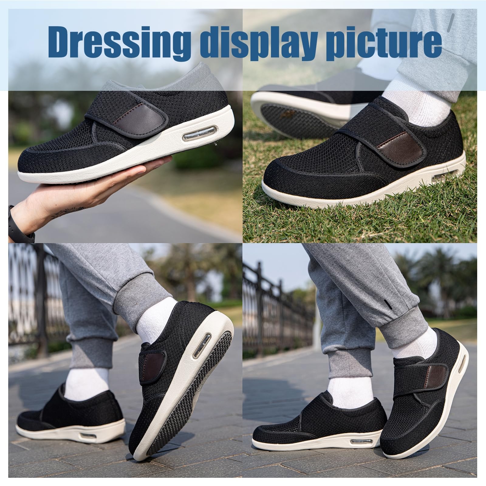 Chaussures diabétiques pour Hommes, en Tissu Eté Scratch Réglable Orthopédique Viscoélastique pour Oedème Gonflé Pied Large Orteil Ouvert Elargissement,Black Gray,48 EU