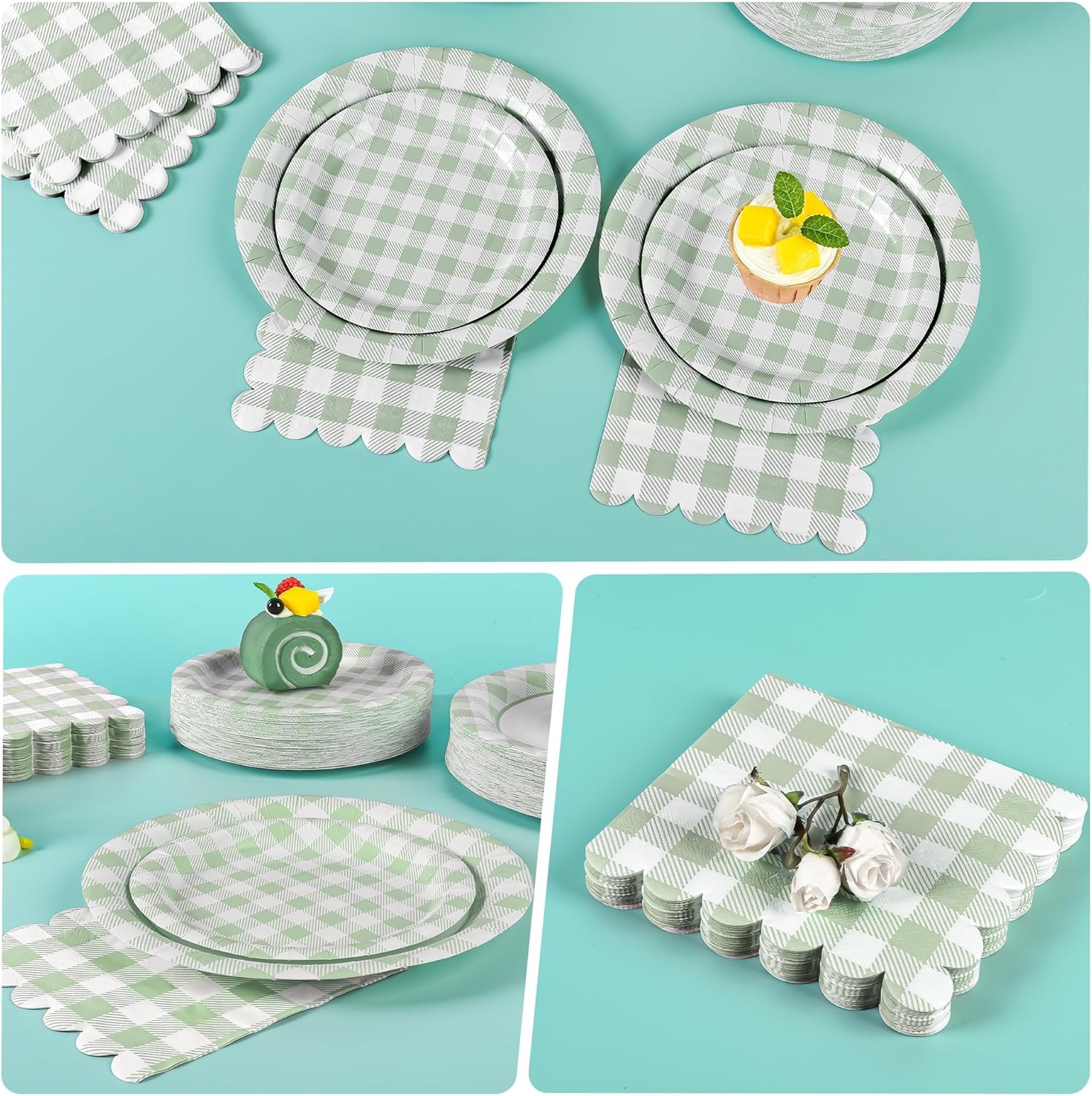 175Pcs Sage Green Gingham Party Supplies Green Gingham Paper Plates and Napkins Greeny Plaid Plates Disposable Sage and White Plaid Party Decor for Birthday Family Picnic BBQ,Serves 25 Guests - Image 4