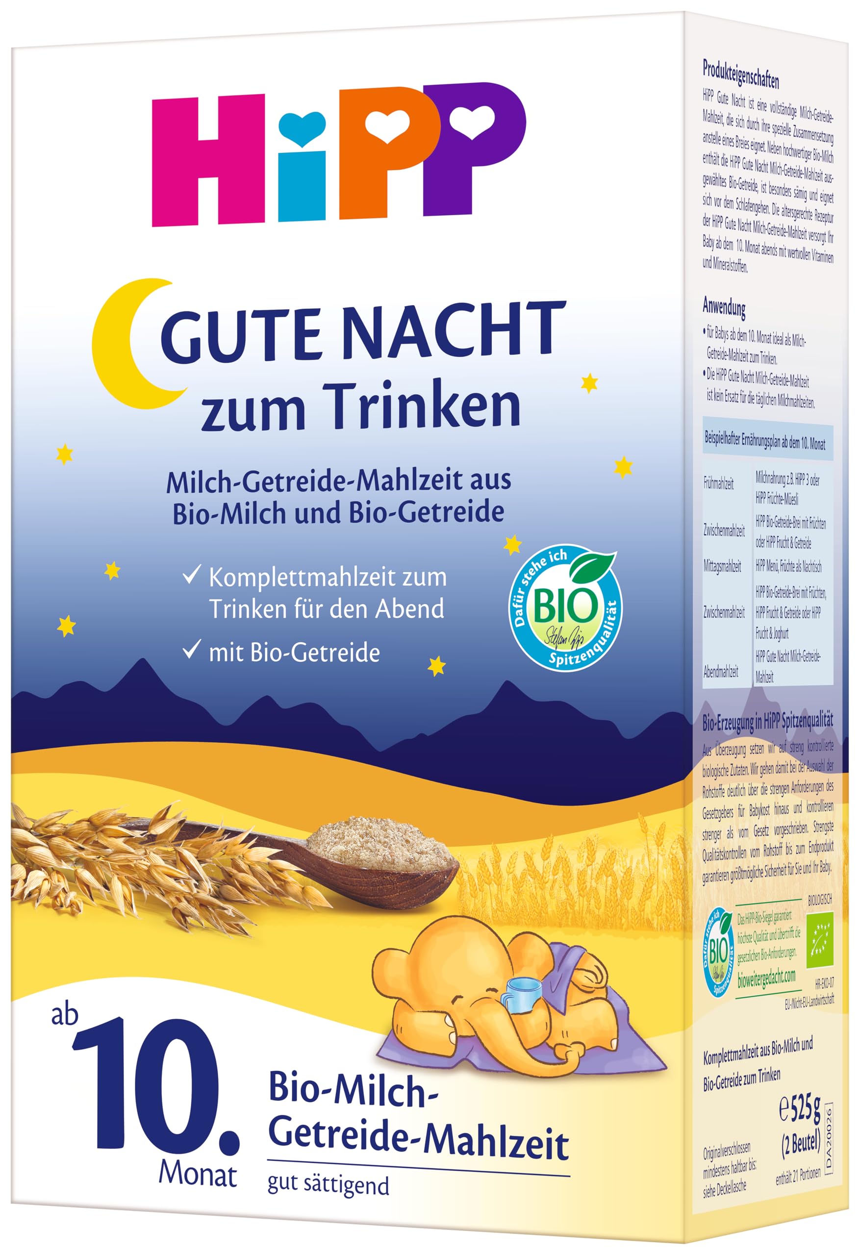Gute-Nacht Milch-Getreide-Mahlzeit zum Trinken (4 x 525 g), ab 10. Monat, mit wertvollen Vitaminen und Mineralstoffen, gut sättigend, in bester Bio-Qualität