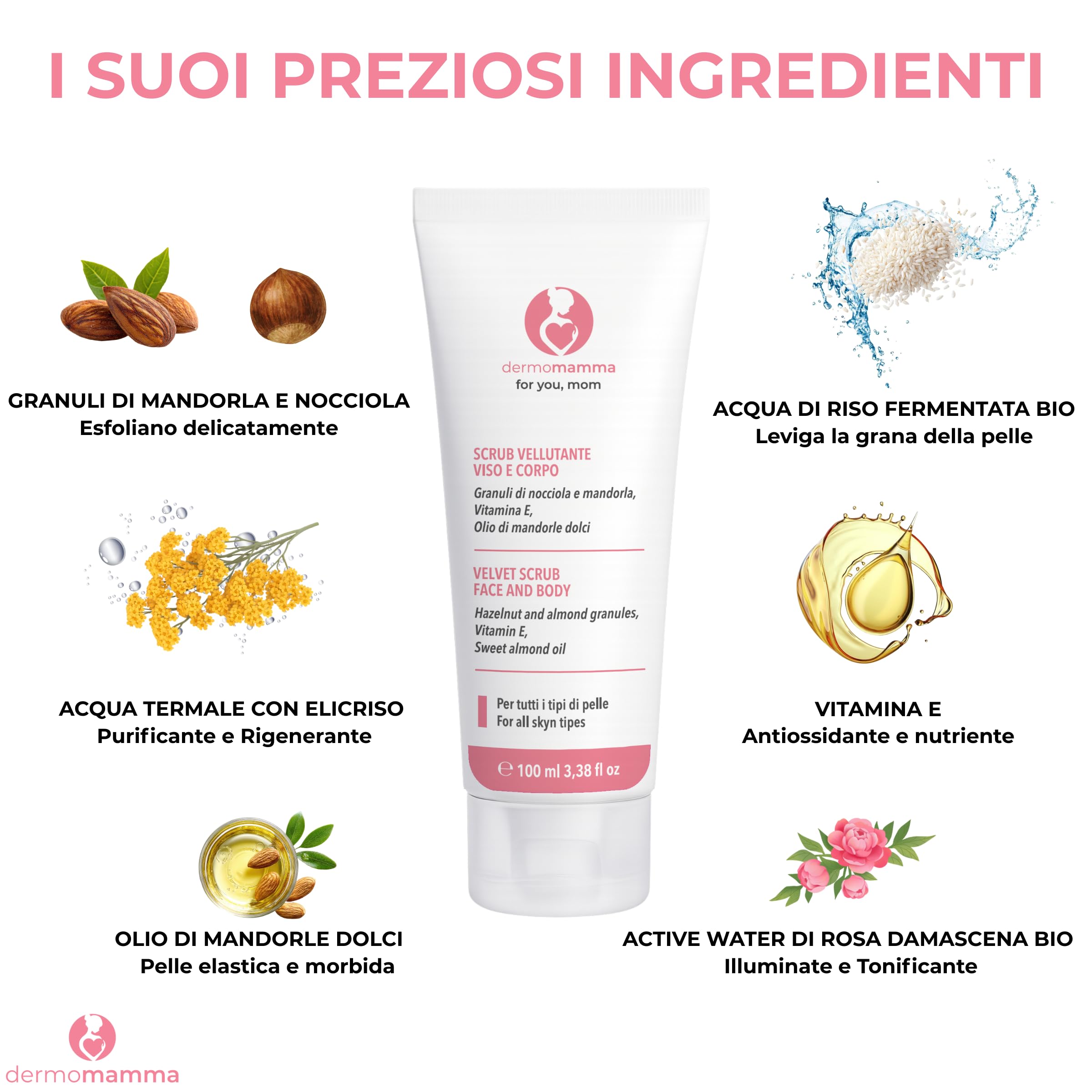 Scrub Vellutante Viso-Corpo, Azione Rigenerante, Stimola il Turn-over cellulare, Vegan e Green Formula, Indicato in Gravidanza e Allattamento, 100 ml.