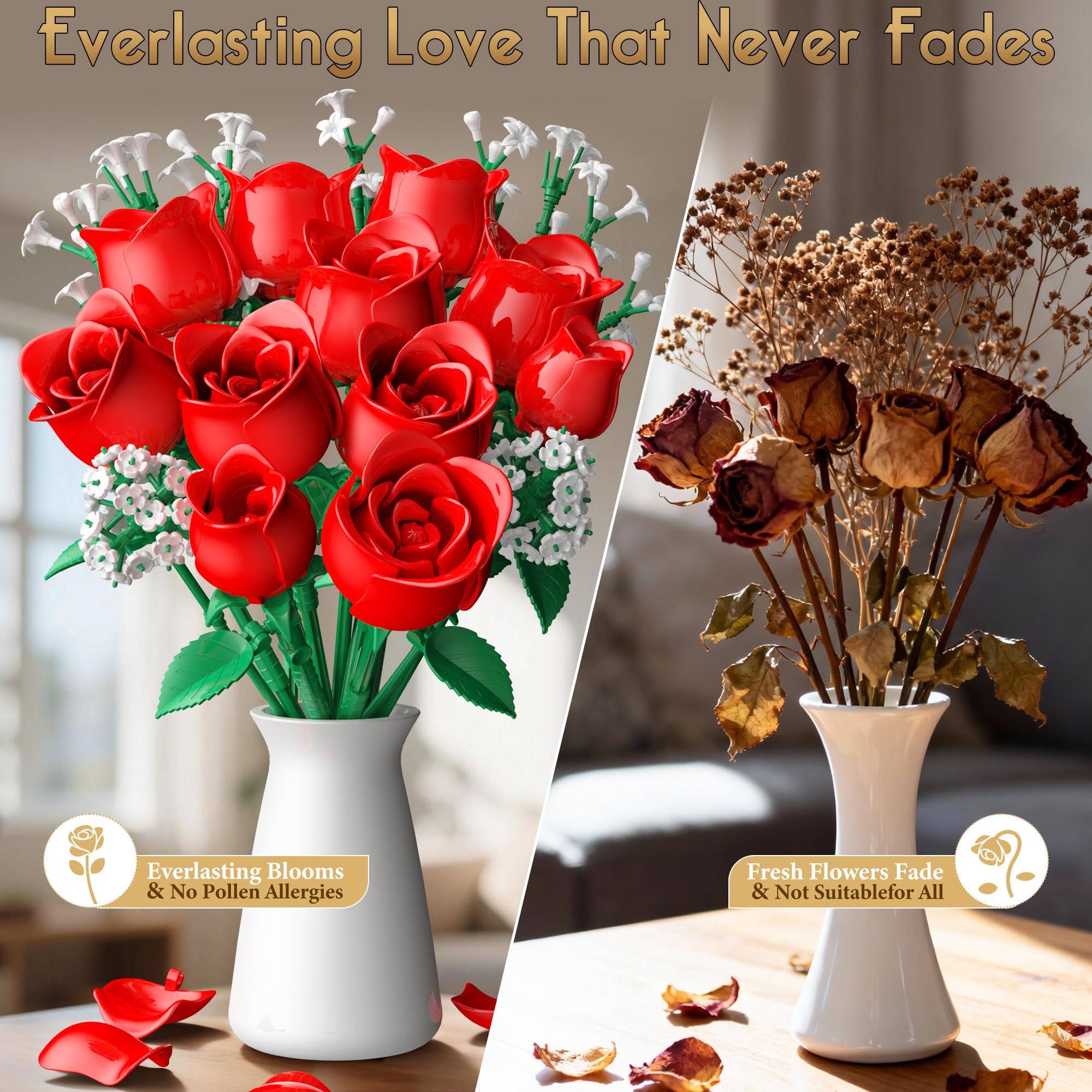 MOGZZi Flowers Bouquet Building Kit for Adults 15 Artificial Plants Decor with 11 Red Roses, Gift for Girls Children Age 6+ - Image 3