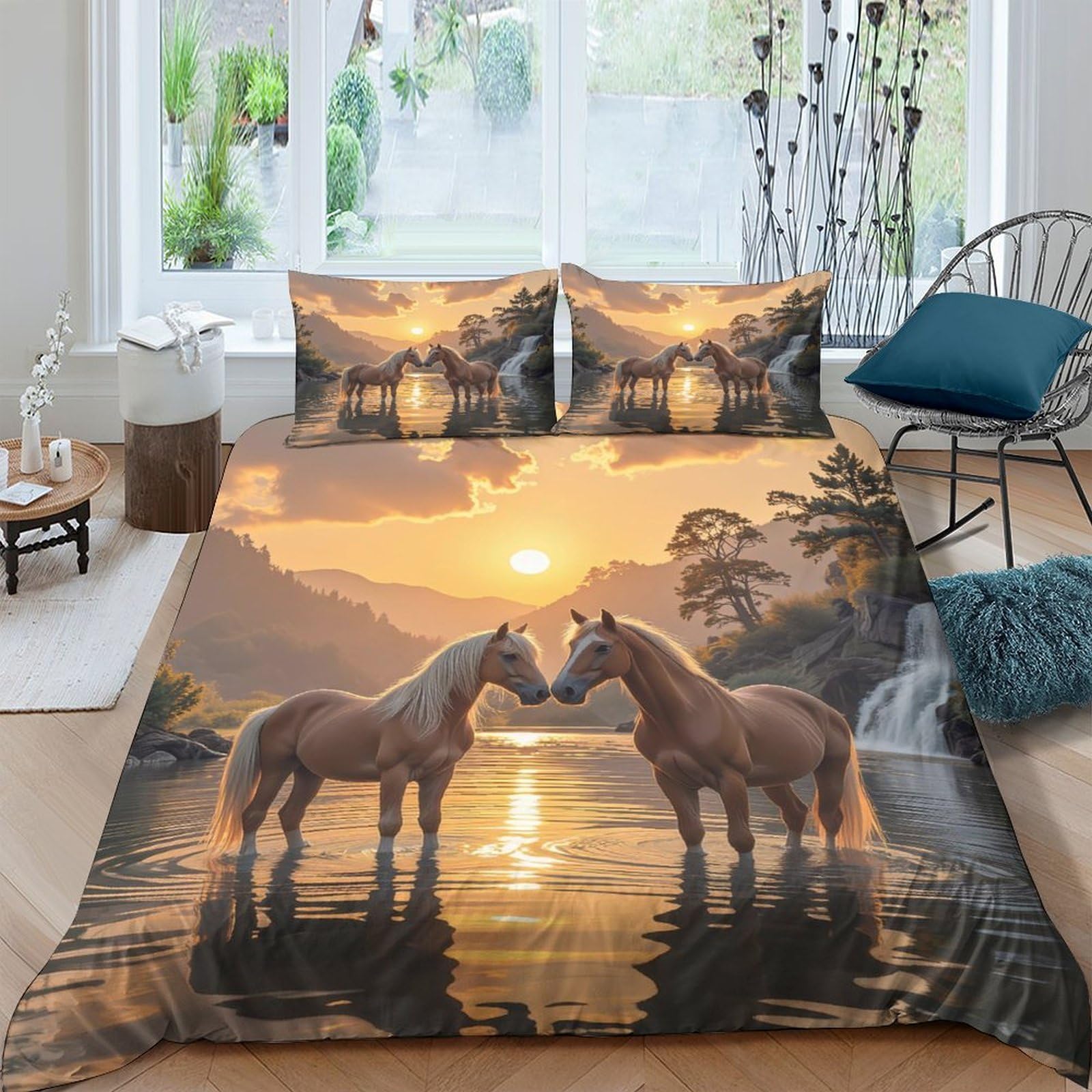 Ctjqhvkz Style-10 3D Printed Sunset Forest Horses Fitted Sheet Microfiber Soft Anti-Slip Bed Cover For Bedroom Guestroom Mattress Decor Single（135X200cm）