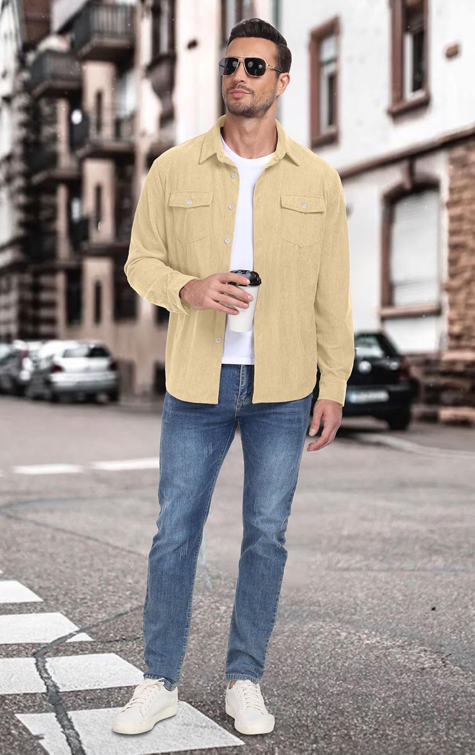 Askdeer Men's Corduroy Button Down Shirts Long Sleeve Casual Shacket Jacket Western Corduroy Shirt Jacket with Flap Pockets