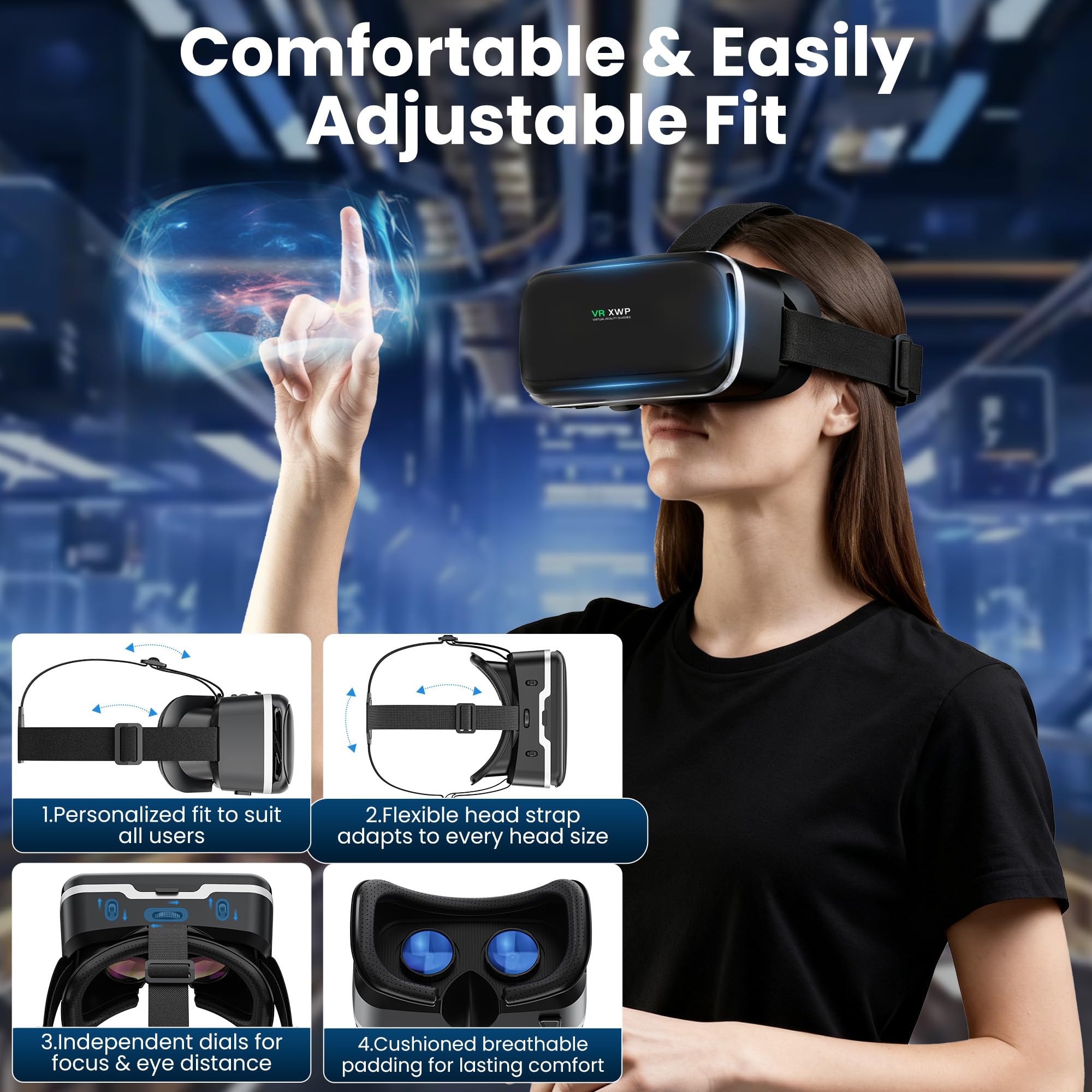 XWP Visore VR, Occhiali di Realtà Virtuale 3D con Lenti HD Anti-Luce Blu per Film e Giochi su Smartphone, Compatibile con Smartphone iOS/Android (4.7–6.8"), Regalo di Natale per Amici e Famiglie