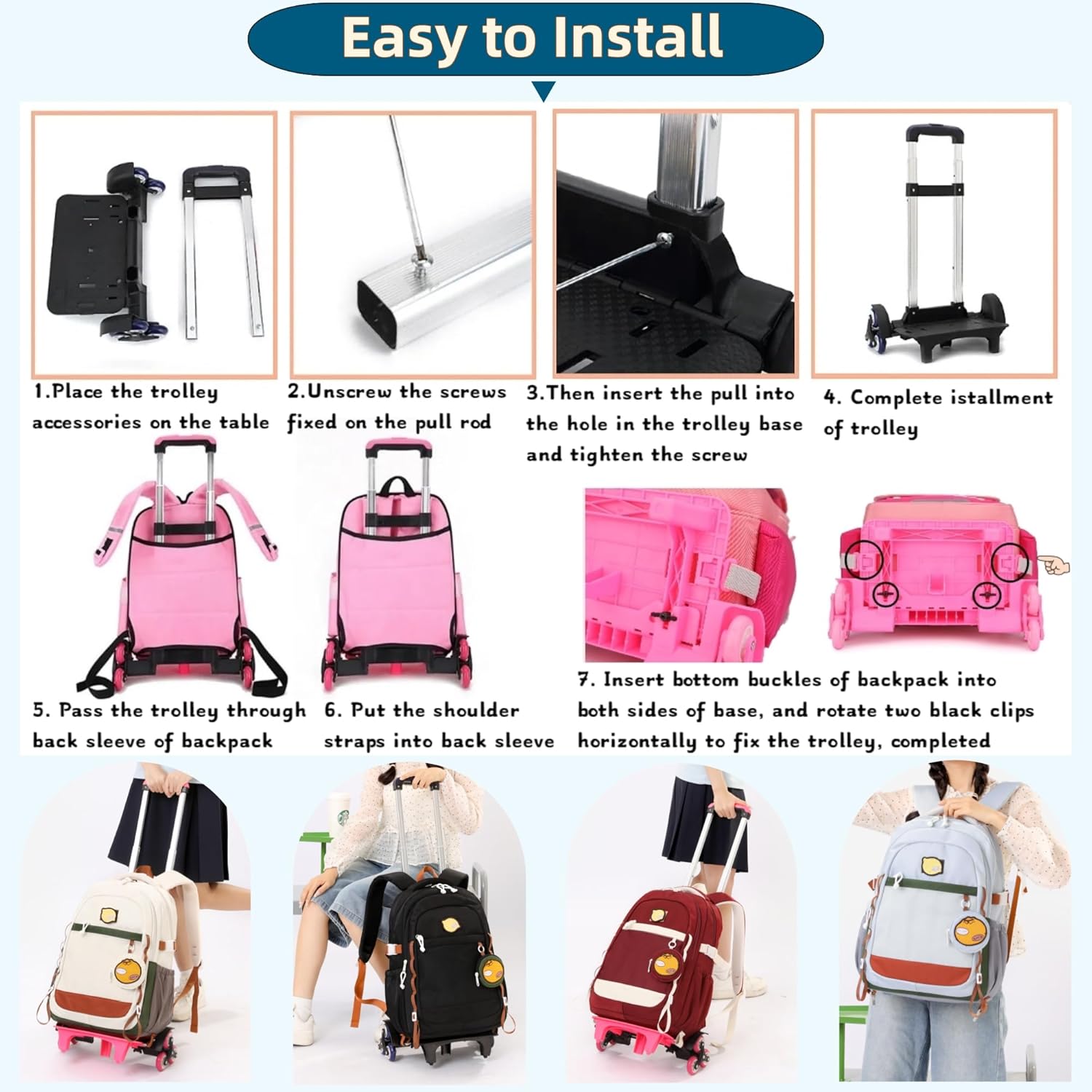 Kids Rolling Backpack for Girls Boys School Bag, Wheeled Bookbag Backpack for School Kids with 6 Wheels, Black - Image 7