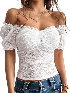 Women Off Shoulder Lace Going Out Crop Tops Sexy Slim Short Sleeve See Through Backless Crop Blouse Shirts