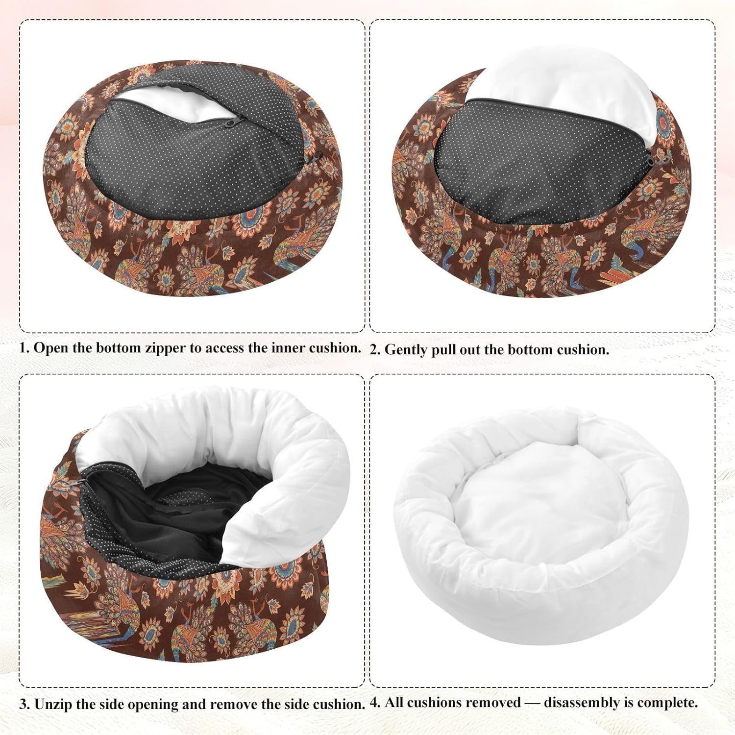 Peacock Flower Brown Pattern Dog Bed Small Medium Dog Bed Washable Donut Cat Beds Cute Pet Puppy Beds for Small Medium Dogs Cats,M