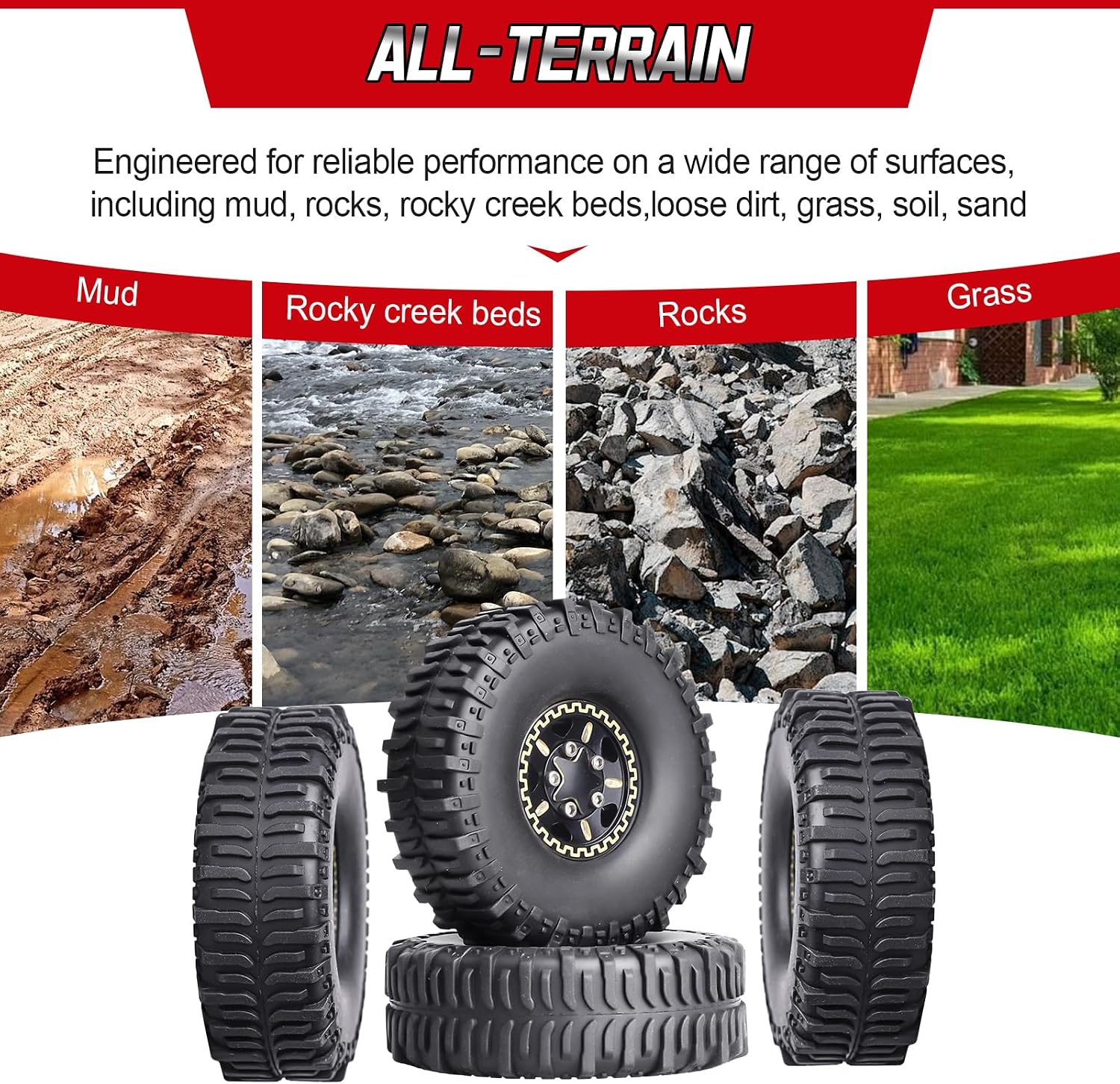 HobbyPark Brass 1.0 Beadlock Wheels and Tires for TRX4M Upgrades Axial SCX24 1/24 RC Crawler Replacement Parts, Set of 4 (Type C)