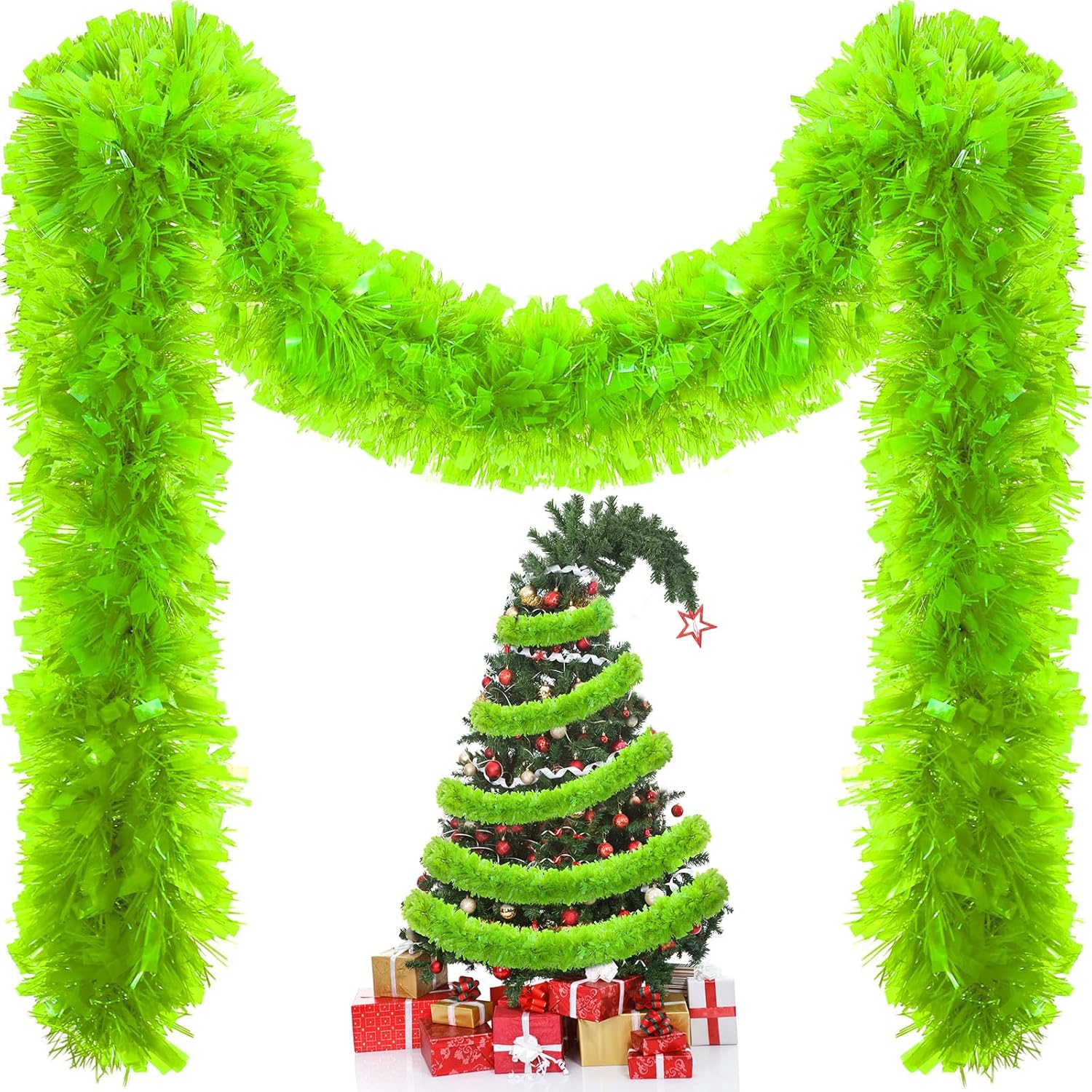 Riceshoot 131.23 ft Christmas Tinsel Garland Lime Green Metallic Garland Decoration Hanging Twist Glittering Christmas Garlands for Xmas Tree Home Decoration Wedding Party Supplies Silver Irregular