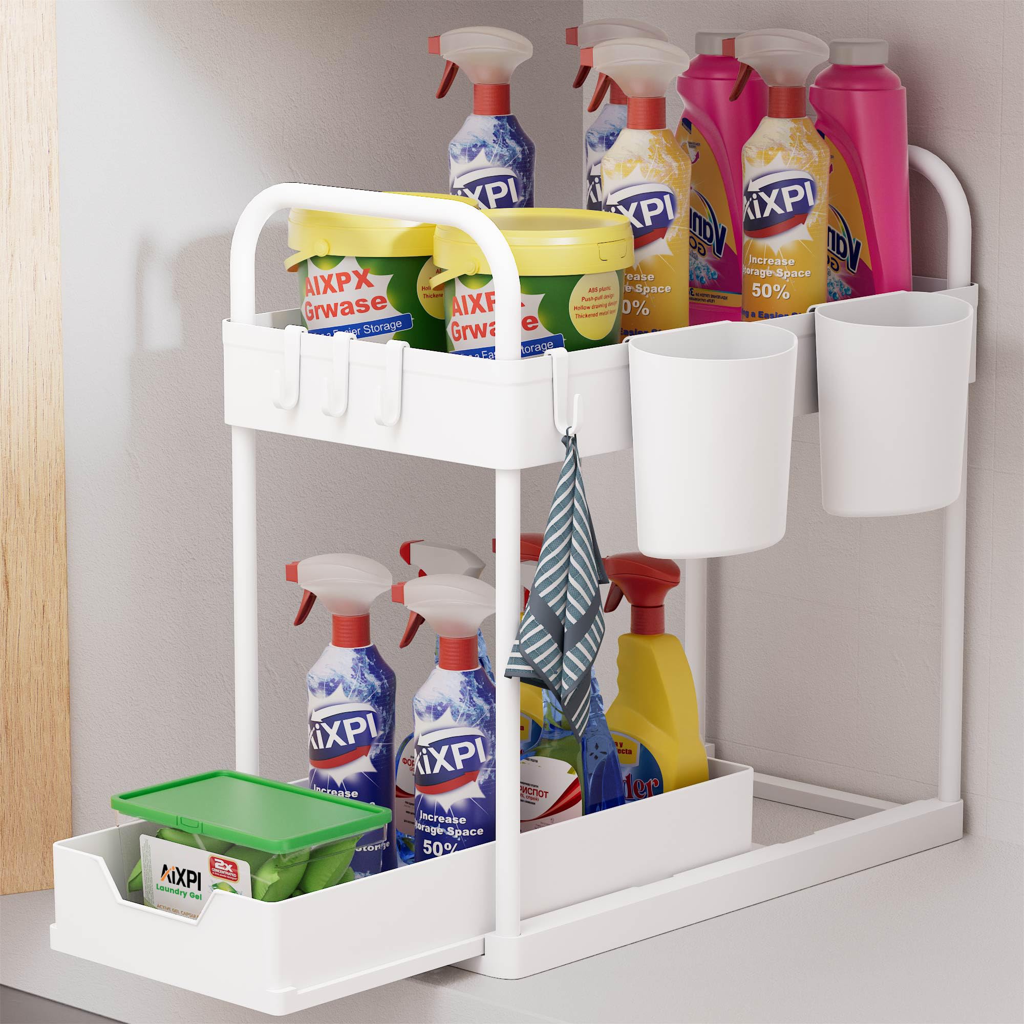 Set Van 2 Organizer Voor Onder De Gootsteen En Opbergruimte, 2-laags Multifunctionele Badkamerorganizer Onder De Gootsteenplank Met Schuiflade Gootsteenorganizer Onder Kast Zwart