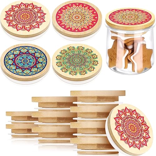 Skyley Paquete de 12 tapas para tarros de yogur, madera de bambú con anillos de sellado de silicona, almacenamiento de boca ancha, tapas de madera