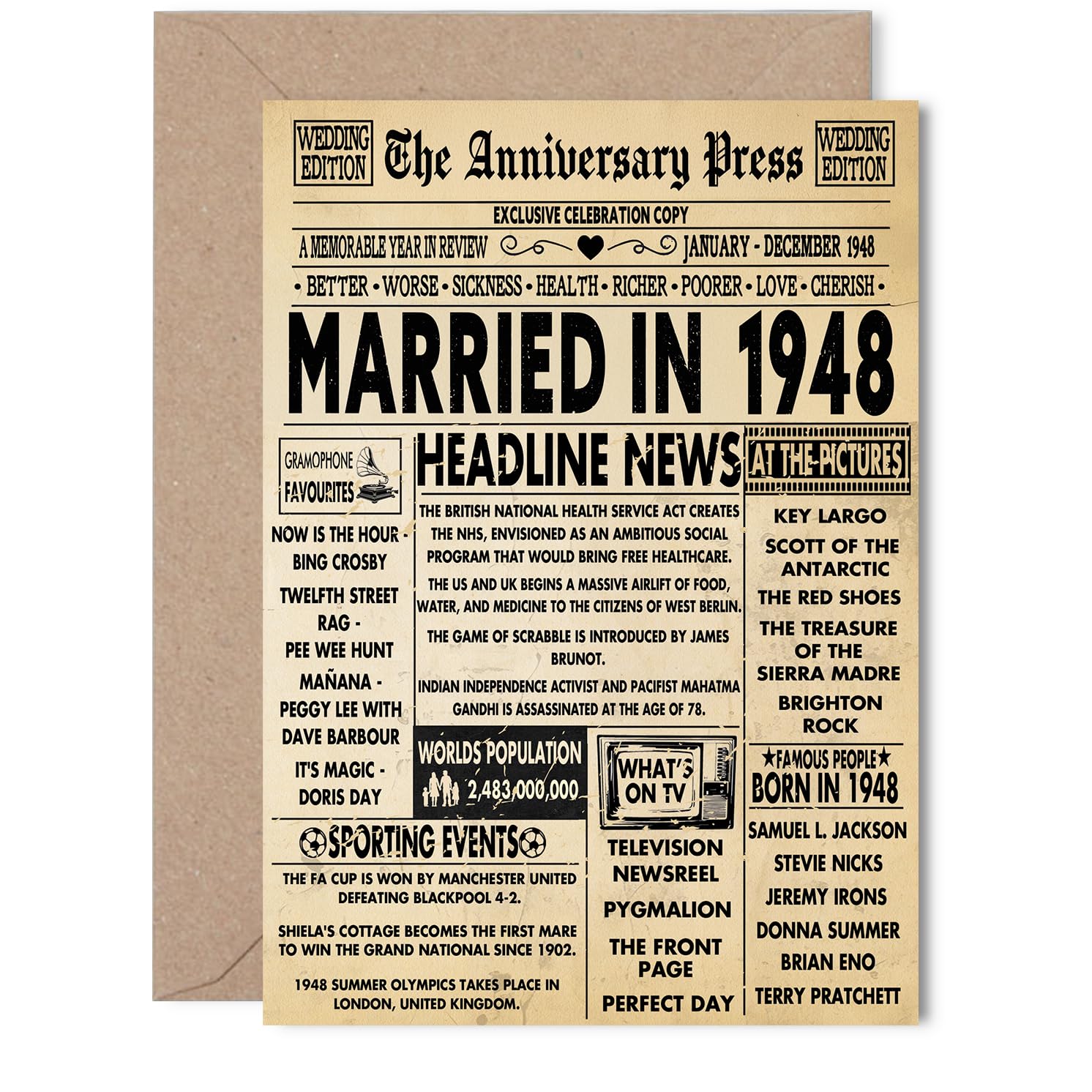 78th Anniversary Card for Women Men - Vintage Newspaper Married in 1948-78 Year Wedding Anniversary Card for Partner Husband Companion Wife, 5x7 Inch Anniversaries Greeting Cards