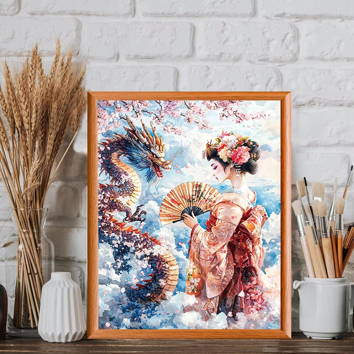 WEISHIWE Malowanie według liczb dla dorosłych, gejsza i smok, 70x90cm q