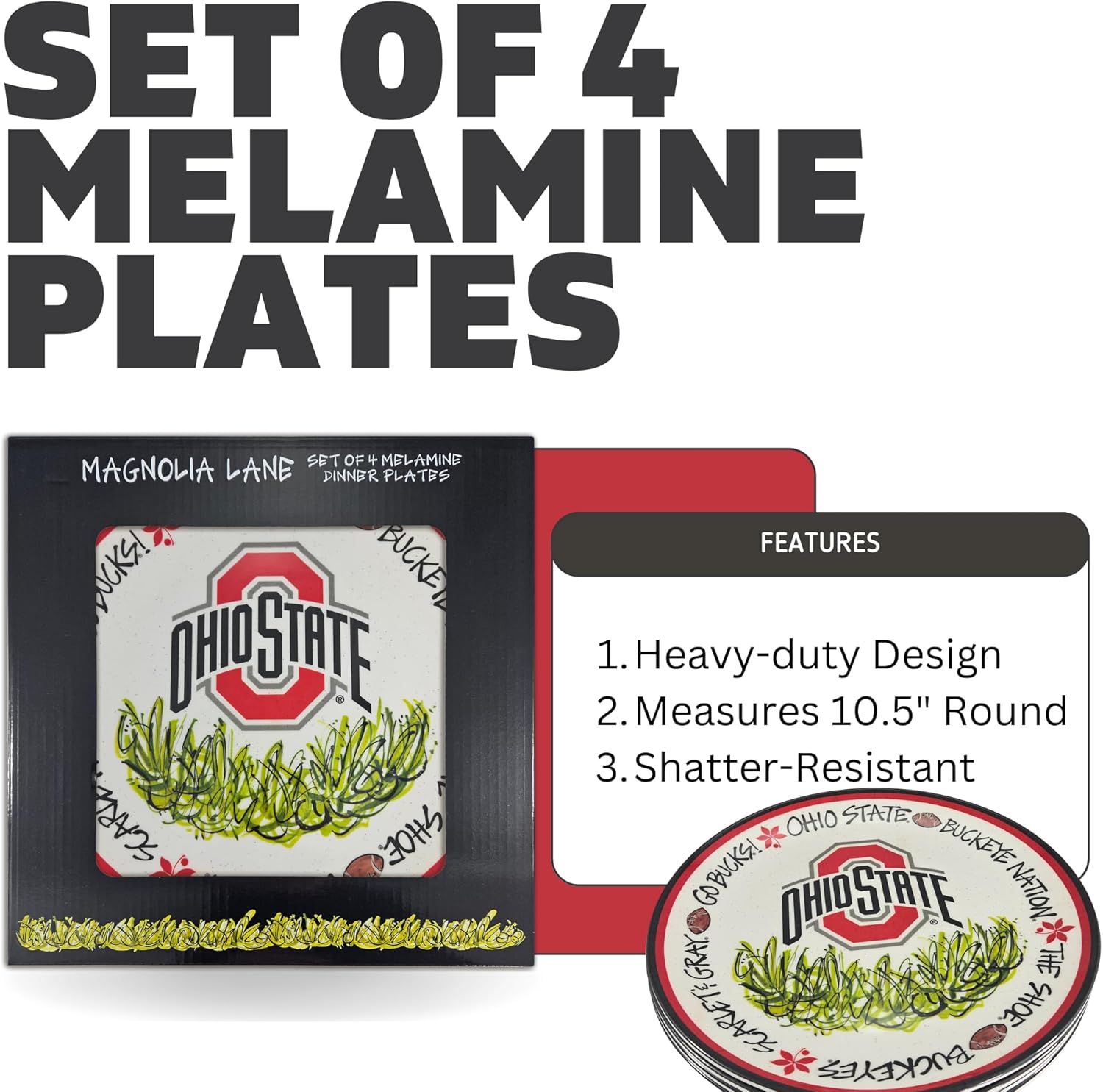 Magnolia Lane NCAA 10.5-Inch Melamine Dinner Plate Set of 4 Perfect for Game Day, BBQs, Tailgating, Poolside, Parties - Ideal Gift for Students/Alumni & NCAA Team Spirit